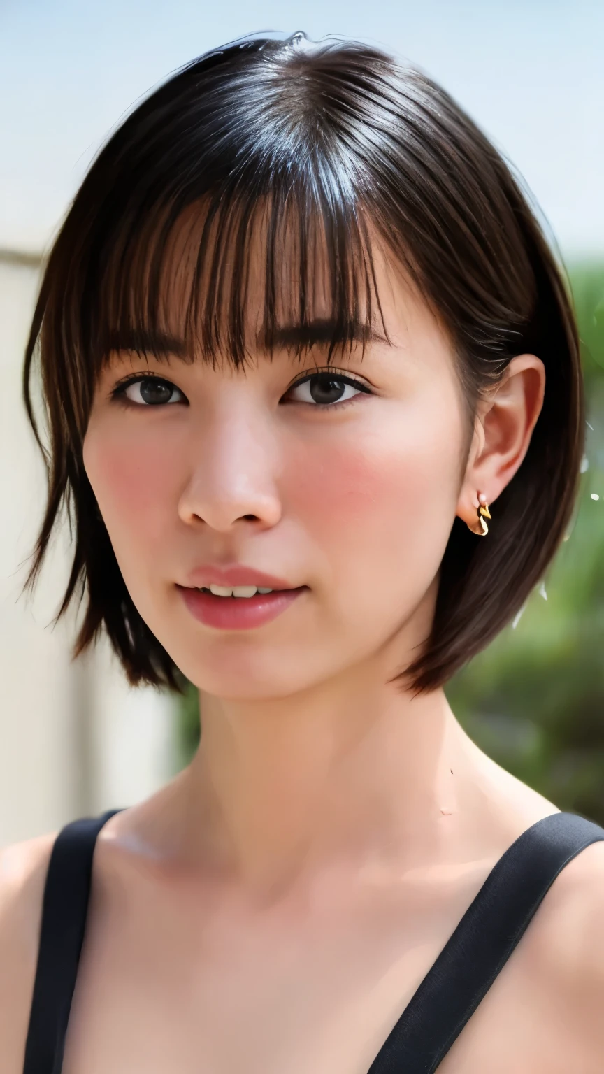(( Typhoko)), ((8k)), ((Masterpiece: 1.3)), ( perfect appearance ), ( Photorealism : 1.6), 1 Japanese woman, (40 years old), short bang , Short Hair:1.5,Shiny black hair、I can see the ears, (Portrait with the center of the upper body ),