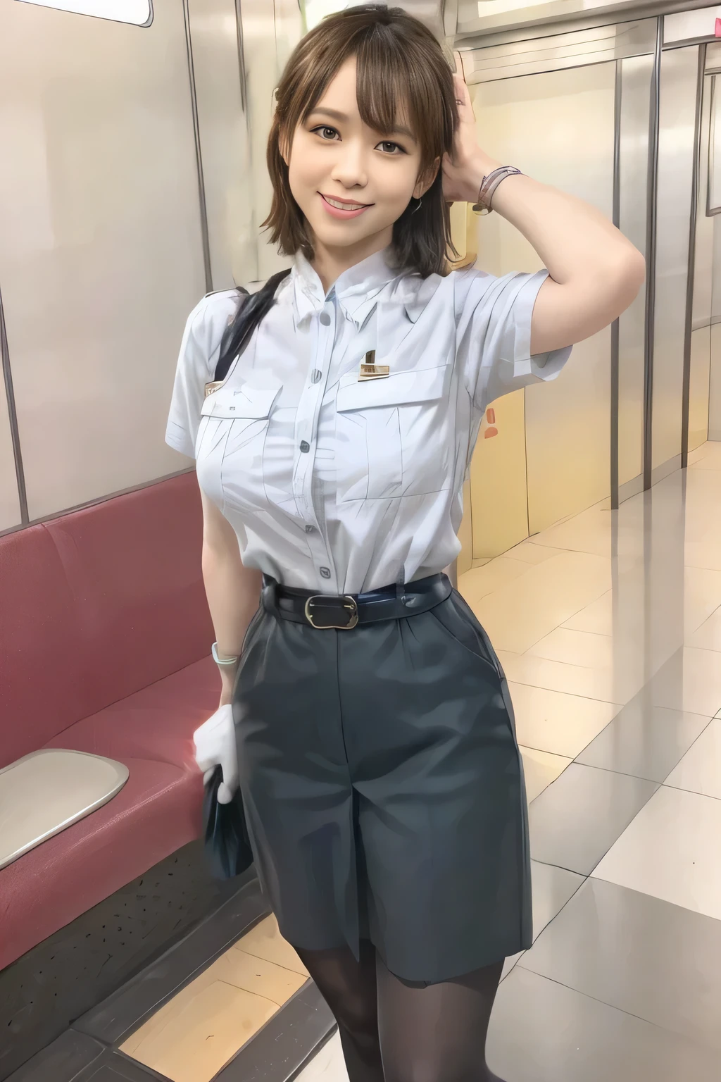 (Masterpiece:1.2, best quality :1.2), 32kHDR, high resolution, (Alone、 1 girl)、(Rooftop of a building during the day、 professional lighting)、Building rooftop background、( Tokyo Subway Woman Crew Uniform Real Style Woman 6)、(TOKYO SUBWAY WOMAN CREW UNIFORM BLOUSE SHORT SLEEVE 、 above knee culotte skirt、Waist belt)、 black pantyhose holding a puppy、 dark brown hair 、( hair gathered、 hair bang)、 dark brown hair 、Long Hit、 big breast、Thin legs、(( amazing hands:2.0)),((harmonious body proportions:1.5)),((Normal limbs:2.0)),((Usually refers to:2.0)),(( Delicate Eyes:2.0)),((Normal eyes:2.0)))、(Beautiful standing figure showing the Tokyo Subway Woman Crew Uniform) 、Hands crossed underneath 、Shy smile
