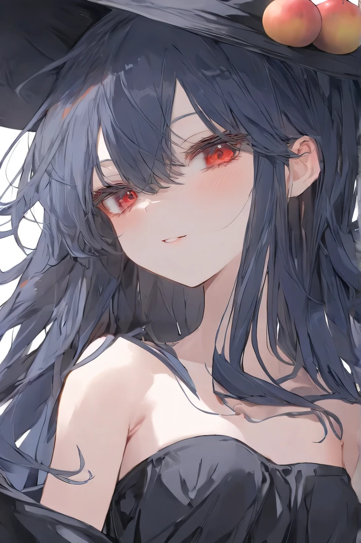  Top quality  ，  Best Quality ，  Official Art  ，cool, beautiful， Very Detailed （Fractional art 1 .2），most detailed，  a girl ，  expressionless faces  ， Dark blue long hair   ， wearing a wizard hat，  dark red eyes  ， Seductive Expression ,   background box is partially drawn,   Very Detailed  ,   high detail  ，，Bare shoulders， strapless