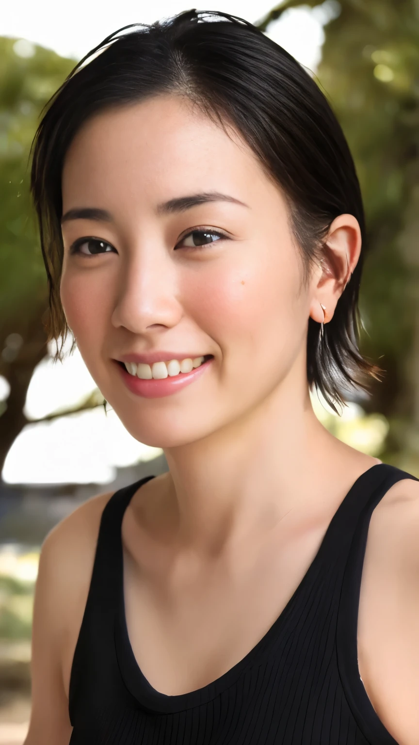 (( Typhoko)), ((8k)), ((Masterpiece: 1.3)), ( perfect appearance ), ( Photorealism : 1.6), 1 Japanese woman, (40 years old), tank top, Short Hair:1.5,Shiny black hair、I can see the ears, big breasts、