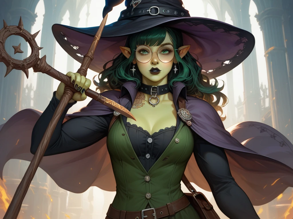 Creepy green skin witch (witch hat, full witch dress with no neckline), Laughing frighteningly, cooking a pumpkin head in an ancient iron cauldron (giant size), detailed matte painting, deep color, fantastical, intricate detail, splash screen, complementary colors, fantasy concept art, 8k resolution trending on Artstation Unreal Engine 5