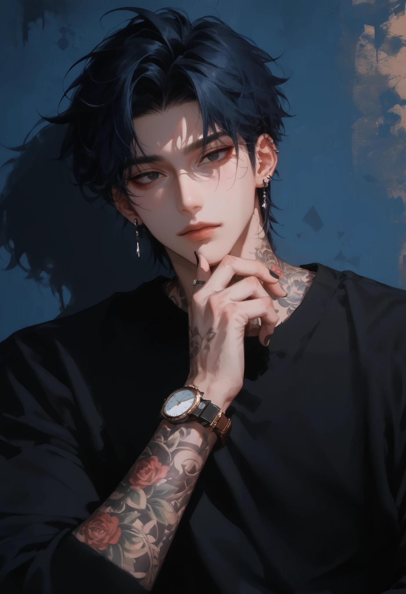 (score_9, score_8_up), score_7_up, adult male , Black Shirt , Messy Black Hair , 1 Boy, black eyes, Dark Blue Hair Highlight, male focus, Black Earrings , focus, anime style , Black nail polish , Handsome, shadow background , Hazy Atmosphere , Tattoo, Thick Tu Style , watch, Korean Style , Korean Comic Style , Natural Curl , 96YOTTEA Style