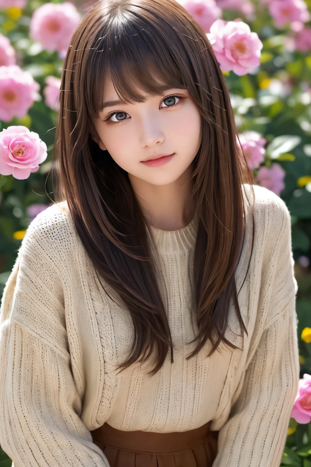 1girl, (a beauty girl, delicate girl, beautiful girl, innocent girl:1.3), (12yo:1.3),
break, (winter clothes, skirt:1.3), (cowboy shot),
break, (flower background:1.3),
break, very fine eyes, (symmetrical eyes:1.3),
break, (flat breasts:0.5), (round face, baby face), (brown eyes), parted bangs, (brown hair), angel smile,
break, (eyes and faces with detailed:1.0), face focus,
break, (masterpiece, best quality, ultra detailed, detailed face, 8k)