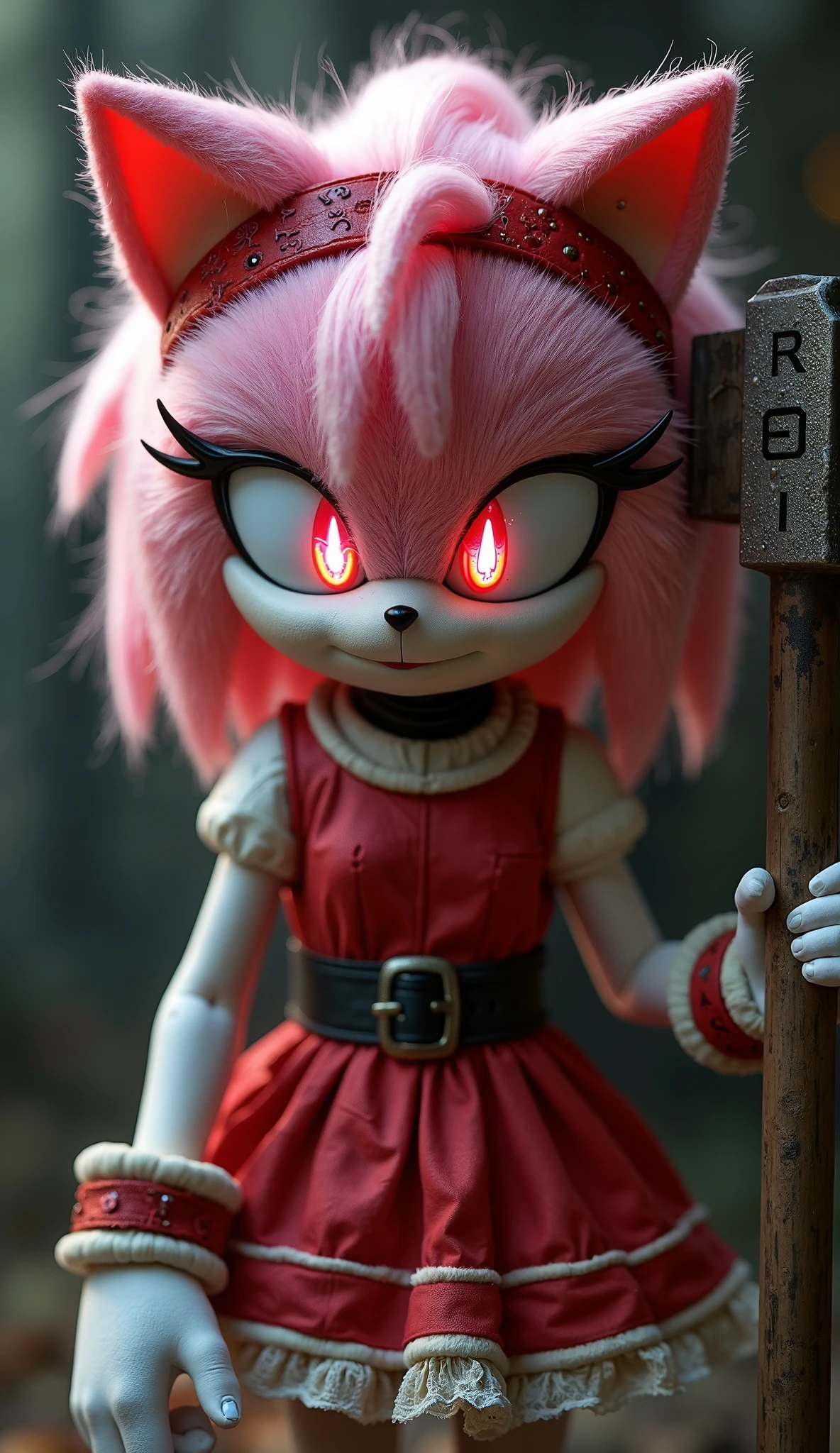 Reimagine Amy Rose from Sonic the Hedgehog as a sinister, life-sized porcelain doll while keeping her iconic traits. Her pink fur remains intact but takes on a pale, almost lifeless tone, with faint cracks resembling broken porcelain. Her glowing, pink eyes are sharp and expressive, exuding an eerie mix of innocence and menace. She still wears her signature red dress and headband, but they are weathered and slightly torn, with dark stains hinting at her unsettling past. Her oversized hammer is now jagged and rusted, with glowing runes etched along its handle. Place her in a dimly lit, abandoned carnival, her movements unnervingly smooth yet unpredictable as she lures unsuspecting victims with a hauntingly sweet smile.