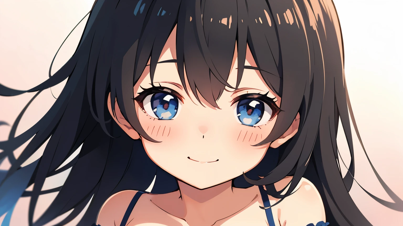 Junior high school student who looks like an elementary school student, 14 years old, (very short:1.5), 140 cm tall, black hair with a slight green tinge, short ahoge, beautiful long hair but with a little hair sticking out, beautiful round eyes, blue eyes, smile, boyish, big breasts, hair longer than waist, long hair, childish face, gentle smile, a little shy, black hair with a slight green tinge, boyish, gentle smile, white Lingerie Set,bed,lying on back