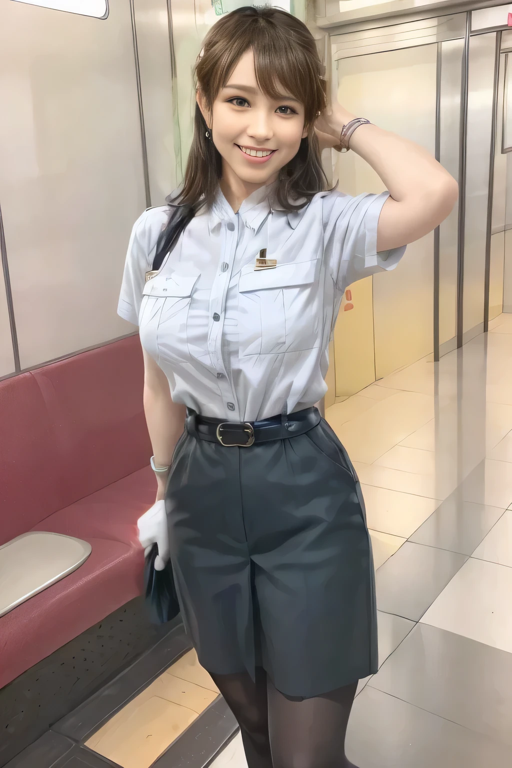 (Masterpiece:1.2, best quality :1.2), 32kHDR, high resolution, (Alone、 1 girl)、(Rooftop of a building during the day、 professional lighting)、Building rooftop background、( Tokyo Subway Woman Crew Uniform Real Style Woman 6)、(TOKYO SUBWAY WOMAN CREW UNIFORM BLOUSE SHORT SLEEVE 、 above knee culotte skirt、Waist belt)、 black pantyhose holding a puppy、 dark brown hair 、( hair gathered、 hair bang)、 dark brown hair 、Long Hit、 big breast、Thin legs、(( amazing hands:2.0)),((harmonious body proportions:1.5)),((Normal limbs:2.0)),((Usually refers to:2.0)),(( Delicate Eyes:2.0)),((Normal eyes:2.0)))、(Beautiful standing figure showing the Tokyo Subway Woman Crew Uniform) 、Hands crossed underneath 、Shy smile