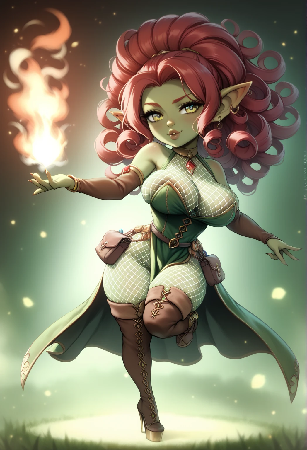 Girl, goblin girl, goblin, green skin, short, short stature, short hair, red hair, curly hair, large breasts, long gloves, thigh boots, pouty lips, masterpiece, best quality, sexy, dynamic pose, 8k, shortstack, sfw, shiny, fantasy, dungeons and dragons, high heels, fishnets, holding, dark green skin, adventurer, slutty pose, sorcerer, sorceress, pyromancer, fire and ice, magic, fire and ice magic, long detailed slutty colorful dress, thigh pouch, very curly hair, lots of belts, curly hairstyle, lipstick, rosy cheeks, smile, eyeshadow, eye liner, belt on hip, magic, magic dress, very detailed, magic user, puffy lips, bright colors