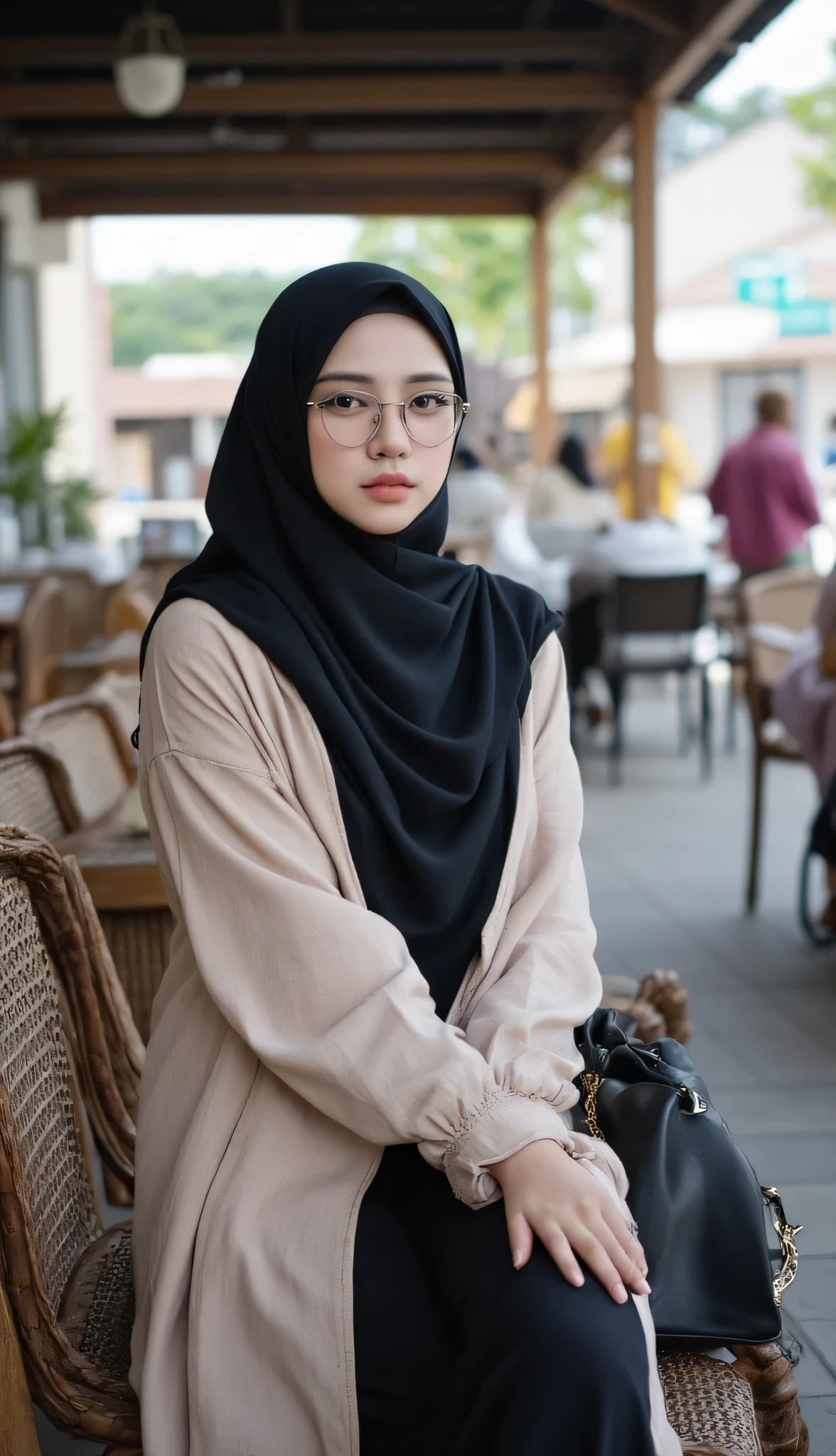 (Masterpiece: 1.2, Best Quality), Realistic, (Realistic Picture, Complex Details, Depth of Field), Best Quality, Masterpiece, Highly Detailed, Realistic, 1 adult girl, indonesian wife, 23 Years Old, , chest forward, huge breasts, thin lips, beautiful and seductive, sexy body, wearing a Muslim hijab, wearing robe casual, sitting in the town square pendopo, the town square background, many couples dating, full body view, look at viewer, full photo, thin round circle glasess