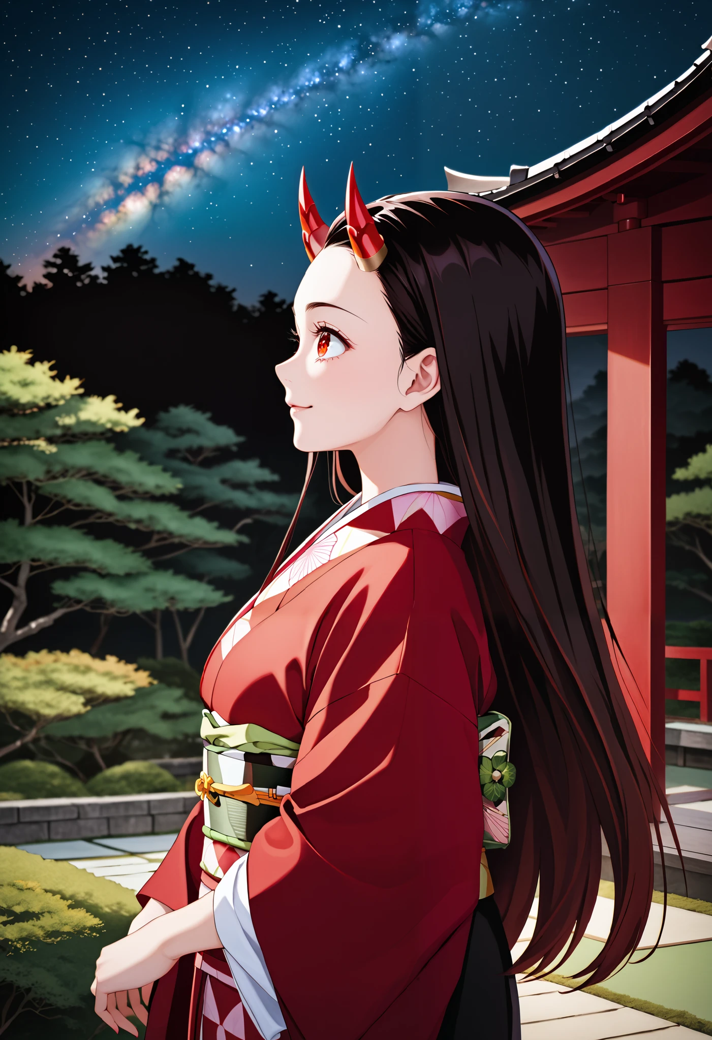 score_9, score_8_up, score_7_up, (Demon Slayer, Kimetsu no yaiba style), (nezuko kamado), (1girl, solo), 20years old, (black long hair, smooth straight hair, asymmetrical parting hair:1.1), forehead, red eyes, (red demon horns:1.4), kimono, smile, (from side, looking up), (standing in the Japanese style garden, scenery), (night sky, milky way)