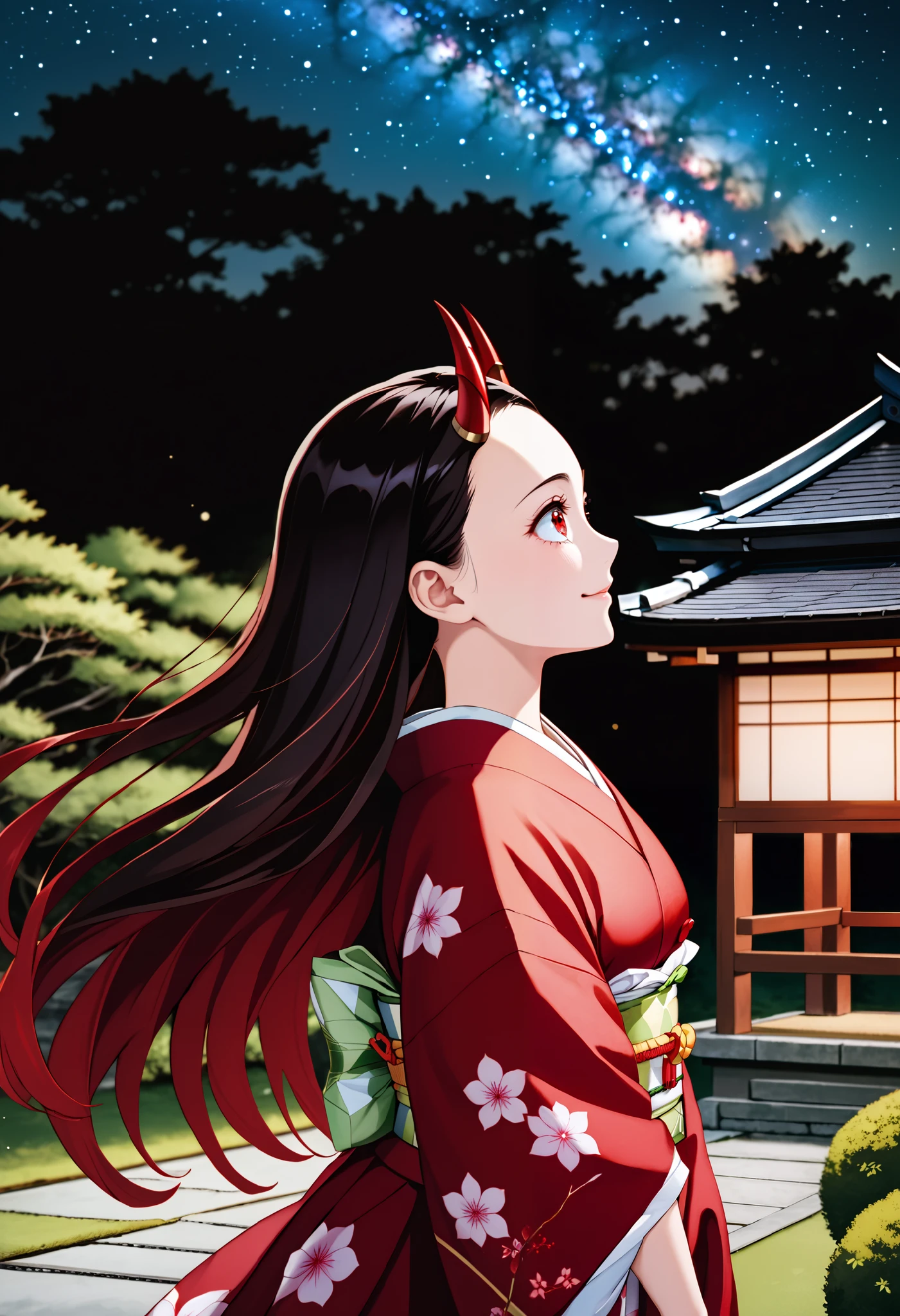 score_9, score_8_up, score_7_up, (Demon Slayer, Kimetsu no yaiba style), (nezuko kamado), (1girl, solo), 20years old, (black long hair, smooth straight hair, asymmetrical parting hair:1.1), forehead, red eyes, (red demon horns:1.4), kimono, smile, (from side, looking up), (standing in the Japanese style garden, scenery), (night sky, milky way)