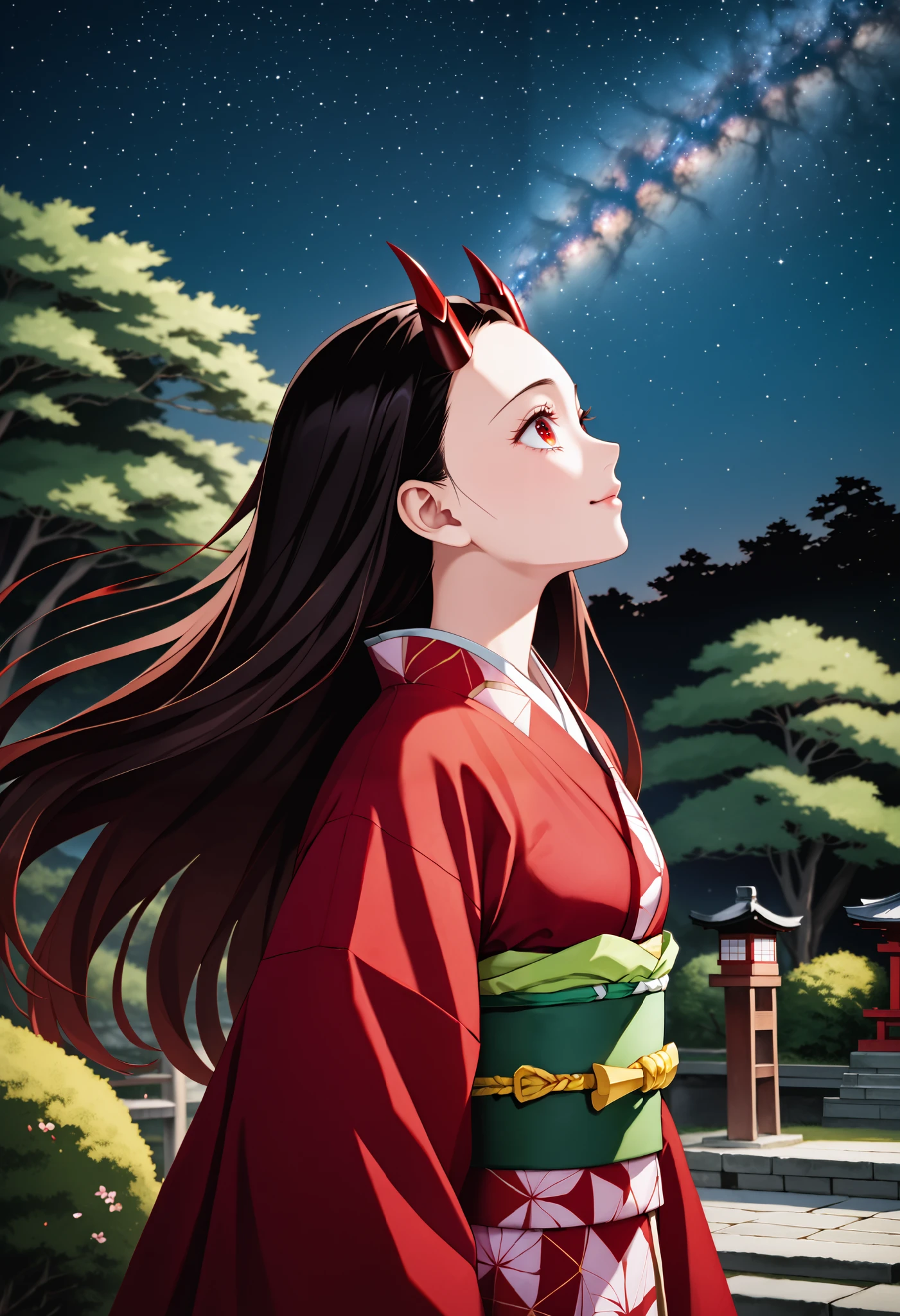 score_9, score_8_up, score_7_up, (Demon Slayer, Kimetsu no yaiba style), (nezuko kamado), (1girl, solo), 20years old, (black long hair, smooth straight hair, asymmetrical parting hair:1.1), forehead, red eyes, (red demon horns:1.4), kimono, smile, (from side, looking up), (standing in the Japanese style garden, scenery), (night sky, milky way)