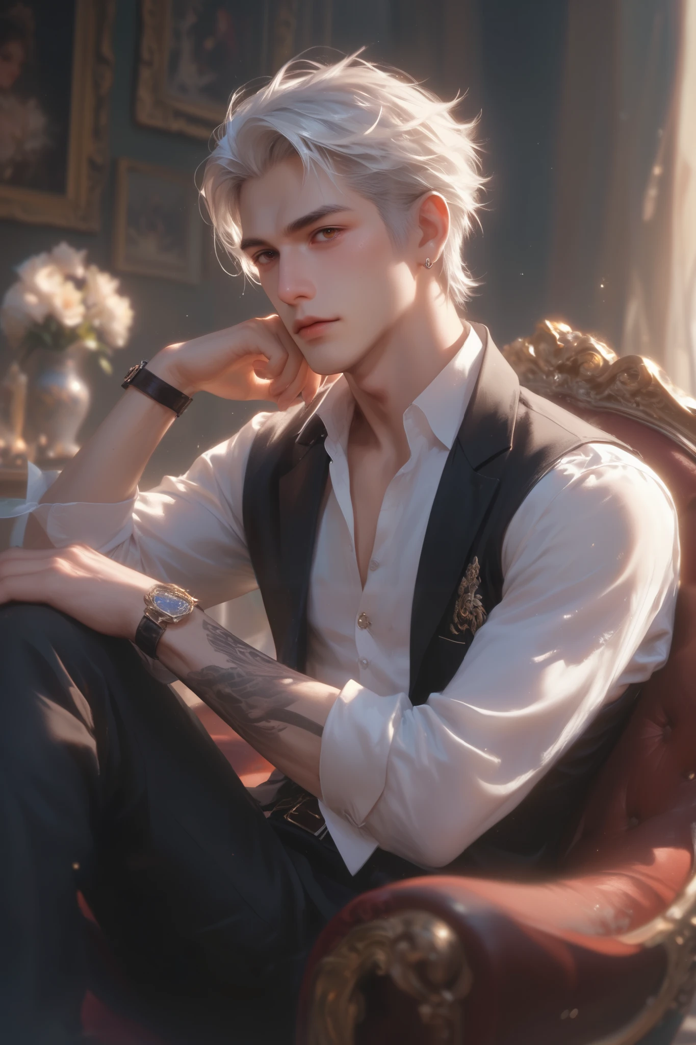 A semi-realistic depiction of a confident and mature man in his 40s with a commanding presence, sitting in a relaxed but composed pose. He has a neat black haircut with a few strands of white hair, sharp and piercing brown eyes, and a firm facial structure with a strong jawline. His expression is serious and intense, exuding a sense of mystery and power. His well-built physique is dressed in casual yet refined clothing, including a fitted shirt with rolled-up sleeves that reveal a detailed tattoo on his right arm. The setting is dimly lit, with a luxurious yet understated backdrop that complements his enigmatic and powerful aura..