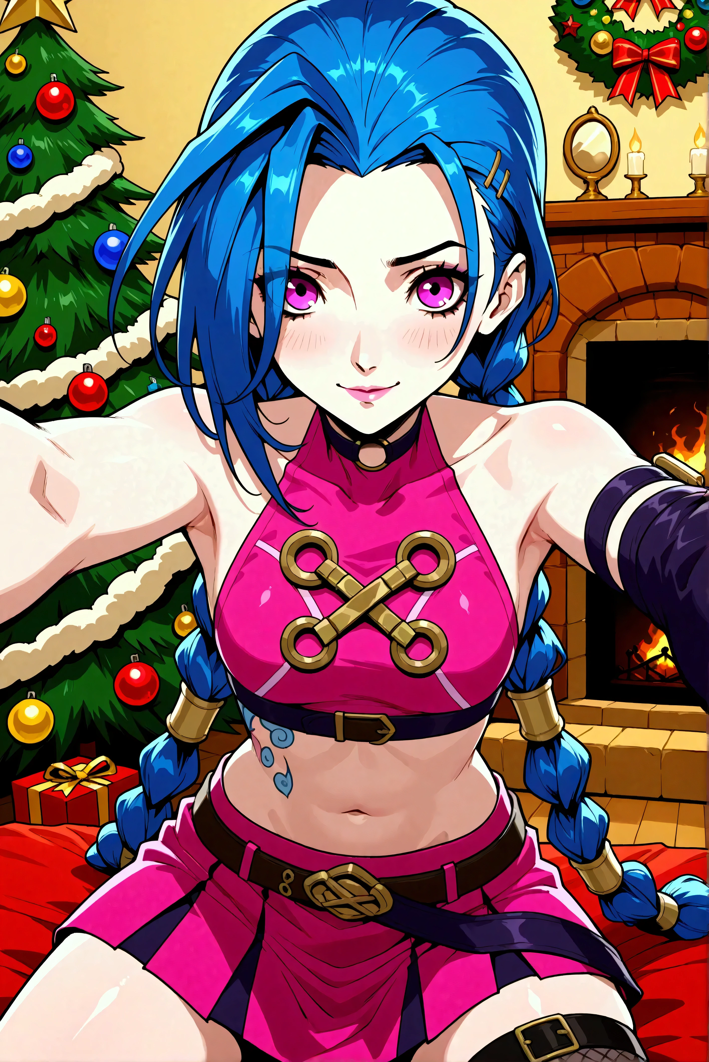 Créer une description créative et ludique d'un personnage inspiré du concept de « Nude Jinx » de noel, une représentation sexy et séduisante tout en mettant l'accent sur ses traits de personnalité, son style et la façon dont elle interagit avec le monde qui l'entoure. . Mettez l'accent sur sa nature ludique, son énergie vibrante et son sens unique de la mode d'une manière légère et artistique. Create a design or concept inspired by the character Jinx from the game *League of Legends* with a holiday twist, incorporating elements that reflect both her chaotic persona and the festive spirit of Christmas. Use bright colors, playful motifs, and unexpected contrasts to capture her mischievous nature while celebrating the joy of the holiday season. Consider elements such as decorations, outfits, and interactions with traditional holiday symbols. Aim for a fun and whimsical design that balances Jinx's wild energy with the warmth of festive cheer.