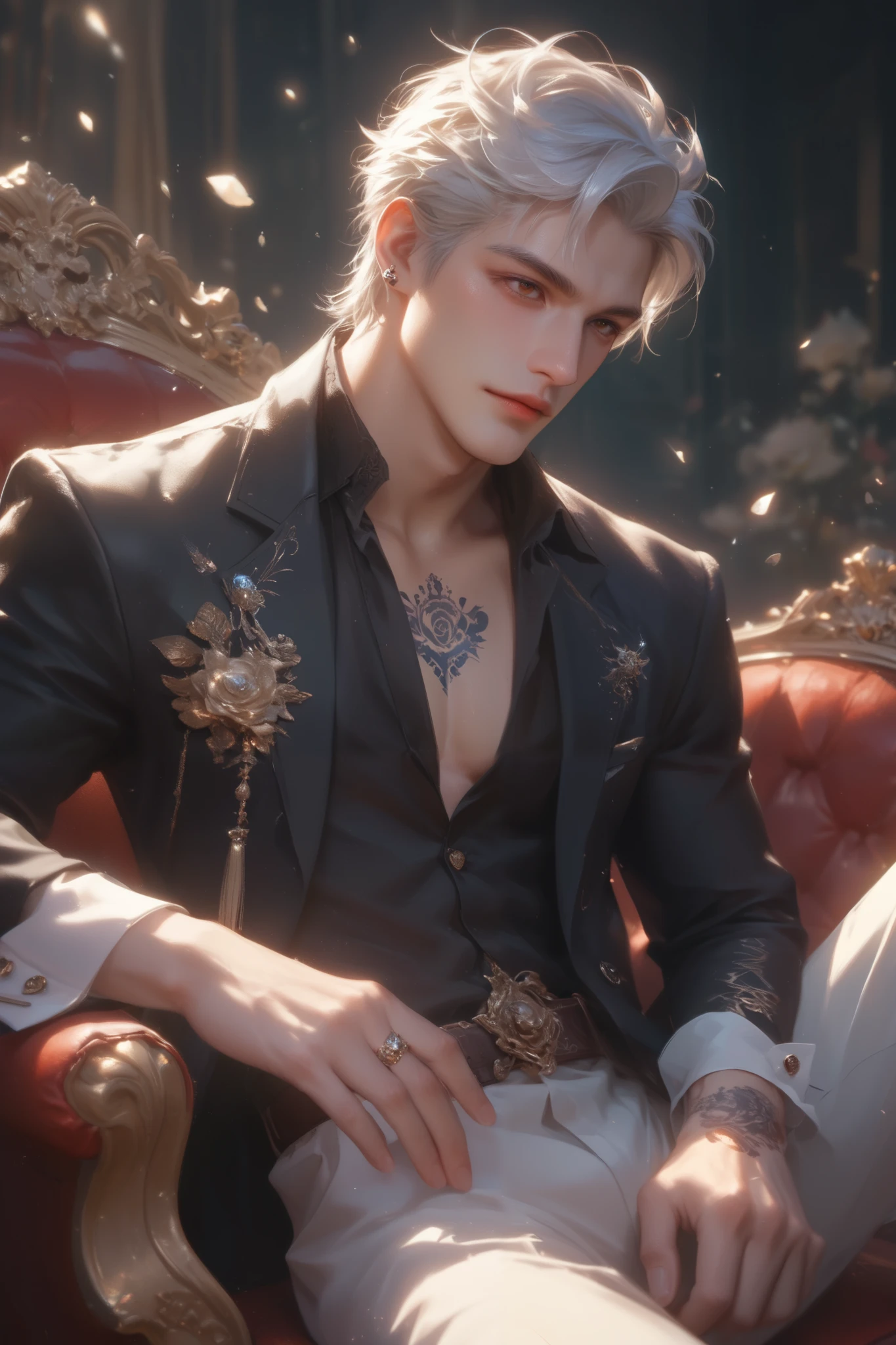 A semi-realistic depiction of a confident and mature man in his 40s with a commanding presence, sitting in a relaxed but composed pose. He has a neat black haircut with a few strands of white hair, sharp and piercing brown eyes, and a firm facial structure with a strong jawline. His expression is serious and intense, exuding a sense of mystery and power. His well-built physique is dressed in casual yet refined clothing, including a fitted shirt with rolled-up sleeves that reveal a detailed tattoo on his right arm. The setting is dimly lit, with a luxurious yet understated backdrop that complements his enigmatic and powerful aura..