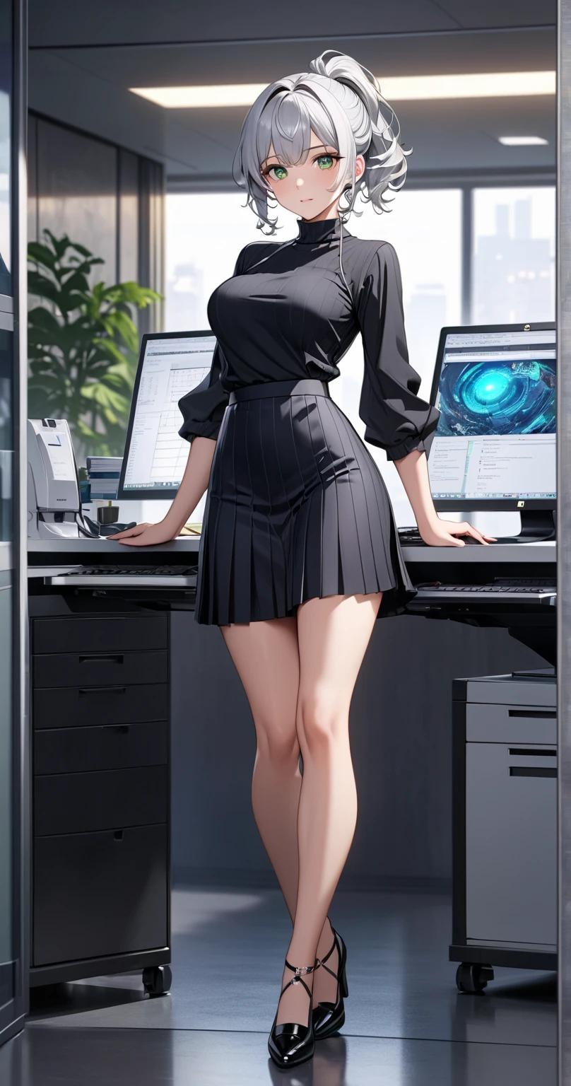 Wearing a black dress and sitting on a chair, Korean female fashion model, Transparent grey skirt, mesh shirt, Chrome Clothes, Glossy silver, It&#39;s lucky that, Big Breasts, Highest quality, masterpiece, Ultra-high resolution, Realistic,