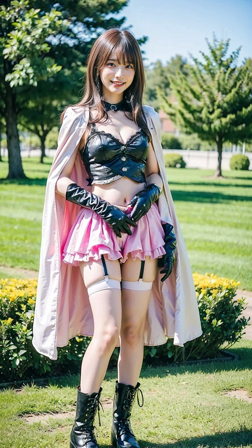 (highest quality, masterpiece, ultra high resolution, (realistic:1.4), Raw photo), (woman,smile(gray hair)),((Please show me your armpits))(rubber suit,elaborately designed corset,choker,luxurious cloak,garter belt,long gloves,pink tone),(background,ireland garden,Rose)
