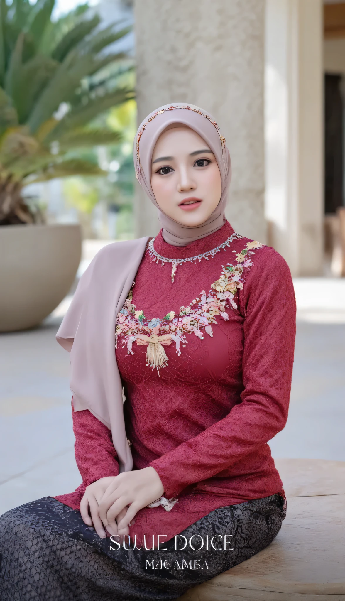 (Masterpiece: 1.2, Best Quality), Realistic, (Realistic Picture, Complex Details, Depth of Field), Best Quality, Masterpiece, Highly Detailed, Realistic, 1 adult girl, indonesian wife, 23 Years Old, , chest forward, huge breasts, thin lips, beautiful and seductive, sexy body, wearing a Muslim hijab, wearing kebaya, sitting in the town square pendopo, the town square background, many couples dating, full body view, look at viewer, full photo, thin round circle glasess