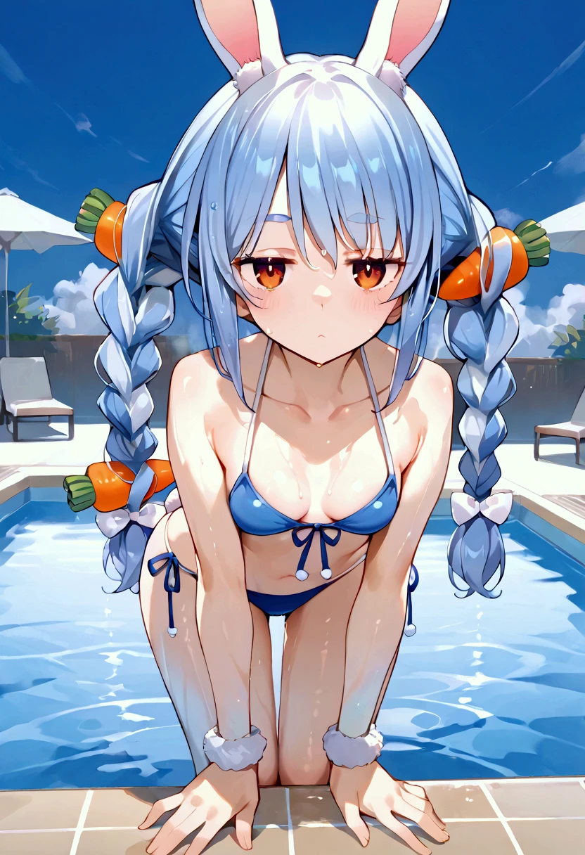 ((best quality)), ((highly detailed)),(((sketch))) extremely detailed face, beautiful face,((1girl)),((solo)),shiny skin,(cowboy shot),(tall body, tall, long legs, mature female, mature, adult),,rimuru_tempest,(light blue hair:1.15), (yellow eyes), ((long hair:1.35)),,(flat chest),((nude:1.35)),nipples,large areolae, ((pussy)),((nose blush:1.31)),(,angry,bad mood:0.89),,(half closed eyes),(looking at viewer),BREAK ((standing:1.5))((outdoors:1.25)),((pool:1.45)) ,,BREAK ((twintails)),(hair ribbon:1.25),black ribbon,((hand on hip)),((sweaty:1.25)),((steam:1.21))