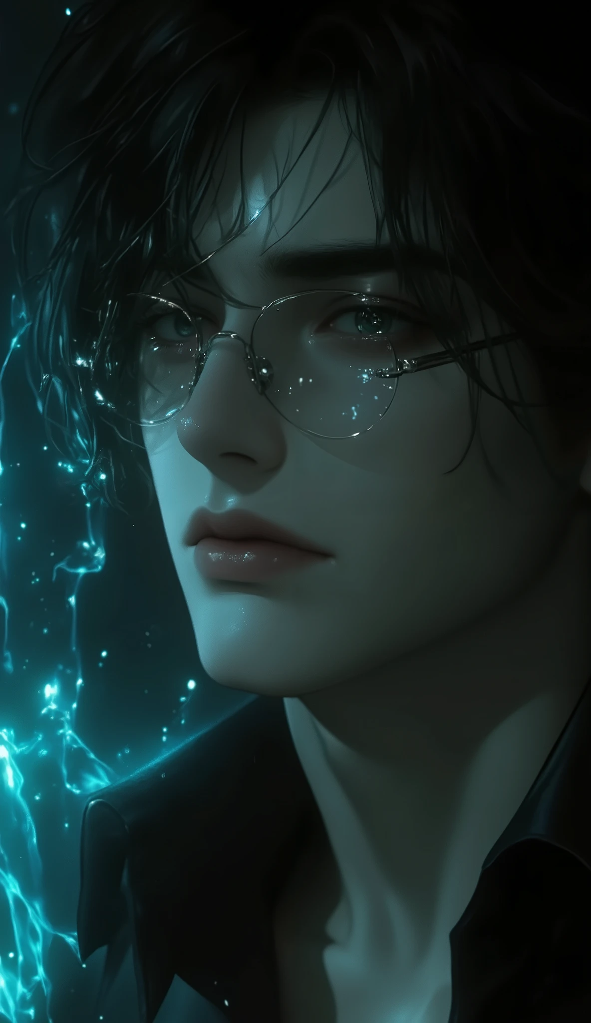 Make a black hair man , short hair, green eyes , wear clear lens glasses , quadricular face , and wears ordinary clothes , shirt and pants , strike a pose, Use cool shades , use a cool color palette under low light giving an intimidating air to the image.