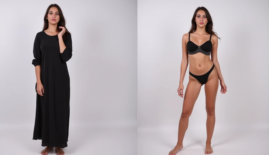 Indian woman wearing a bathrobe undressing to underwear,(((full body))), photography, detailed skin, realistic, photo-realistic, 8k, highly detailed, full length frame, High detail RAW color art, piercing, diffused soft lighting, shallow depth of field, sharp focus, hyperrealism, cinematic lighting, busty, curvy