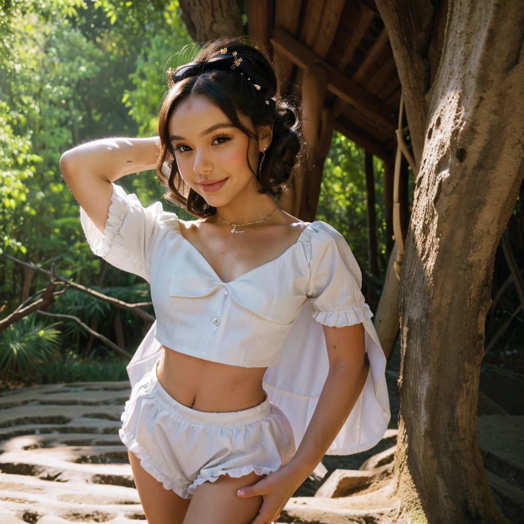 A girl with orange angel wings, riding a unicorn on the steppe, mouth open, bright smile, holding a teddy bear, sunlight shining on her face, eyes looking straight ahead, hair dotted with chrysanthemum, skin as white as a peeled egg, long black braided hair, with perky, seductive breasts, Lace Lingerie outfit, purple outfit, posing, surrounded by a white sand beach