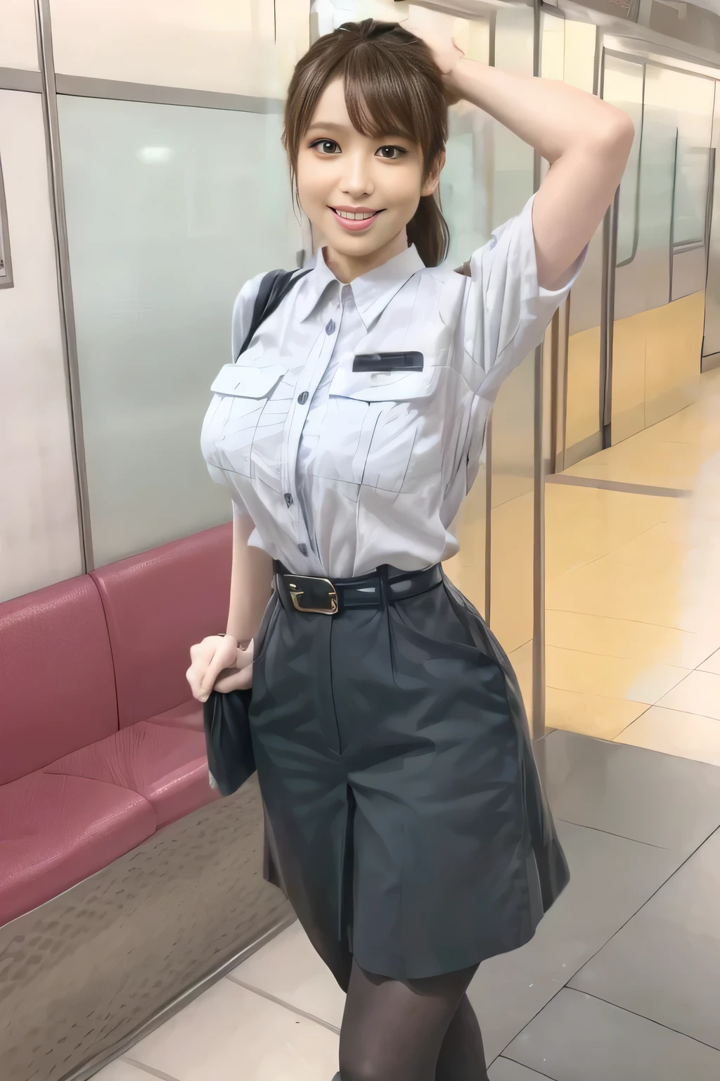 (Masterpiece:1.2, best quality :1.2), 32kHDR, high resolution, (Alone、 1 girl)、(Rooftop of a building during the day、 professional lighting)、Building rooftop background、( Tokyo Subway Woman Crew Uniform Real Style Woman 6)、(TOKYO SUBWAY WOMAN CREW UNIFORM BLOUSE SHORT SLEEVE 、 above knee culotte skirt、Waist belt)、 black pantyhose holding a puppy、 dark brown hair 、( hair gathered、 hair bang)、 dark brown hair 、Long Hit、 big breast、Thin legs、(( amazing hands:2.0)),((harmonious body proportions:1.5)),((Normal limbs:2.0)),((Usually refers to:2.0)),(( Delicate Eyes:2.0)),((Normal eyes:2.0)))、(Beautiful standing figure showing the Tokyo Subway Woman Crew Uniform) 、Hands crossed underneath 、Shy smile