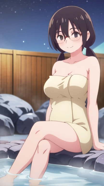 In 8k, shinkai makoto, kimi no na wa., 1girl, bangs, black hair, blush, bright eyes, brown eyes, looking at the viewer, red love, ponytail, medium breasts, solo, indoors, shiny skin, smile, happy, beautiful, parfect anatomy, perfect hands, fully naked, embarrassed face, Red blush, Against the background of winter scenery, hands behind the head, snow, steam, night, full body proportions, (fully naked), (((nsfw))), 