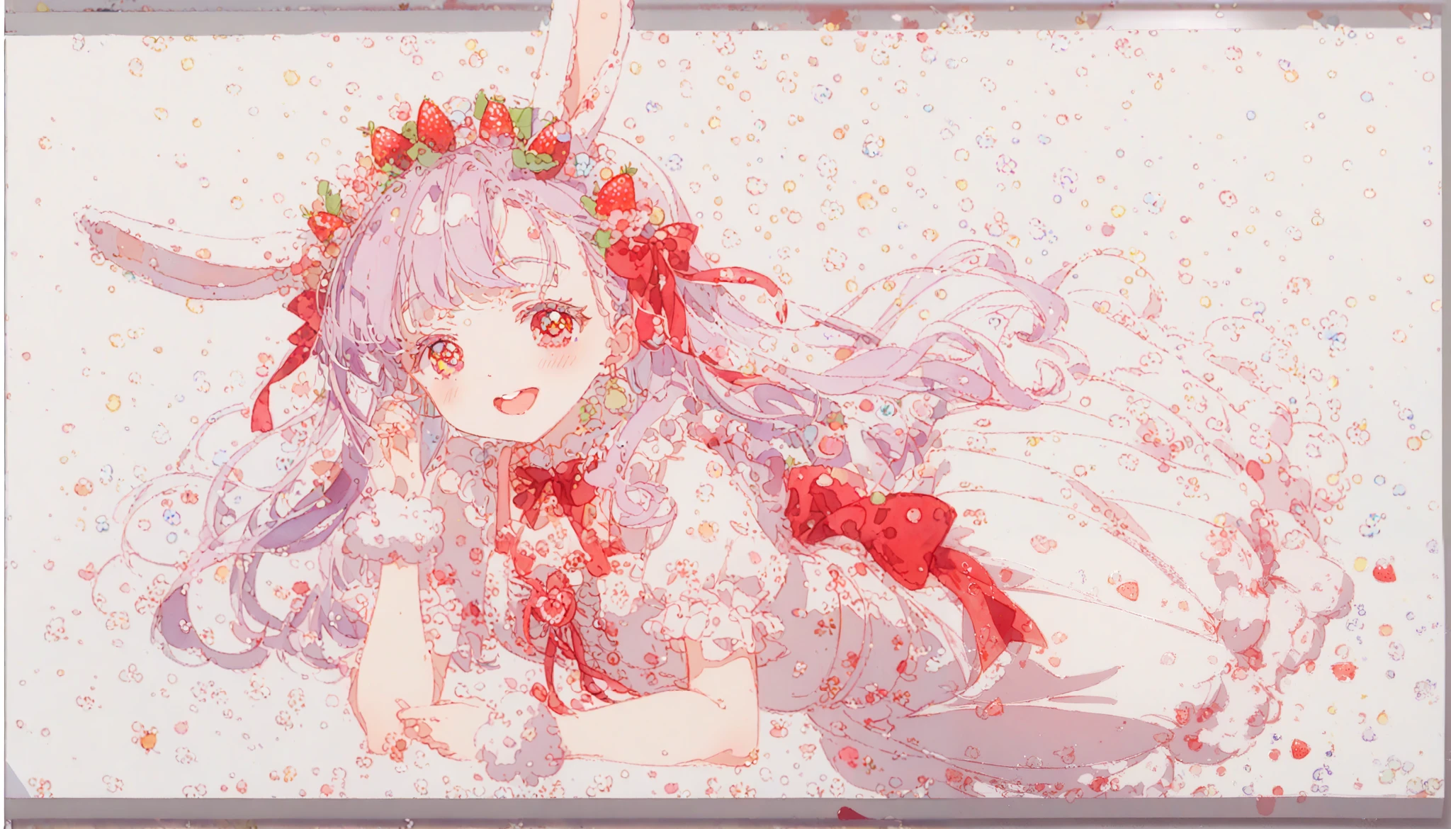  1 girl 、(PastelColors:1.3)、(Cute illustration:1.3)、(watercolor paiting:1.1)、highest quality, masterpiece, Surreal, High resolution, very detailed, 8k, (one girl:1.3), cute, anime, clear white skin,Yumekawa、fancy、pastel、Pink and light blue, cross-shaped pupils,Rabbit ears：1.0、strawberries、Physical education sitting、 (PastelColors:1.3)、(Cute illustration:1.3)、(watercolor paiting:1.3)、girls：1.3、Detailed background、Smile with open mouth、close your eyes and laugh、Beautifully detailed、My、colourfull、marble、Particles of light、patterns、Double Layer Dress、Detailed drawing、Vibrant colors、striking contrast、intricate detailes、Delicate depiction、Luminescent、full body Esbian、Beautiful facial features、Brightly colored eyes、Wearing intricate and delicate ornaments、glowing aura、Radiant hair,Morning light、White and red motifs、Red ribbons、Strawberry wreath background、,Thick wool gown:0.8、sweet、Cute as a dream、full body ta、laugh, happy smiley、 have a smiling smile 、reacing outflowerｓ、The entire background is pale purple、Purple Fa ,full body