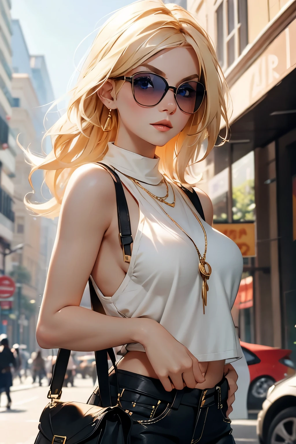 photo on the street . Beautiful full-length young girl  . She is 19 years old .  blonde hair ,  blue eyes  .  breasts 3 sizes  . height 174 cm . She is Ukrainian  . She is wearing short shorts and a very short summer t-shirt . With a handbag .  She smiles depraved  .  She is wearing opaque sunglasses . An expensive phone in hand  . 