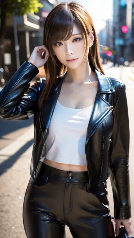  year old Japanese girl, wearing a black leather jacket, black trousers, black shoes, black crop top, has a slim stomach, long black hair, photo in the city, 8k masterpiece, detail,realistic