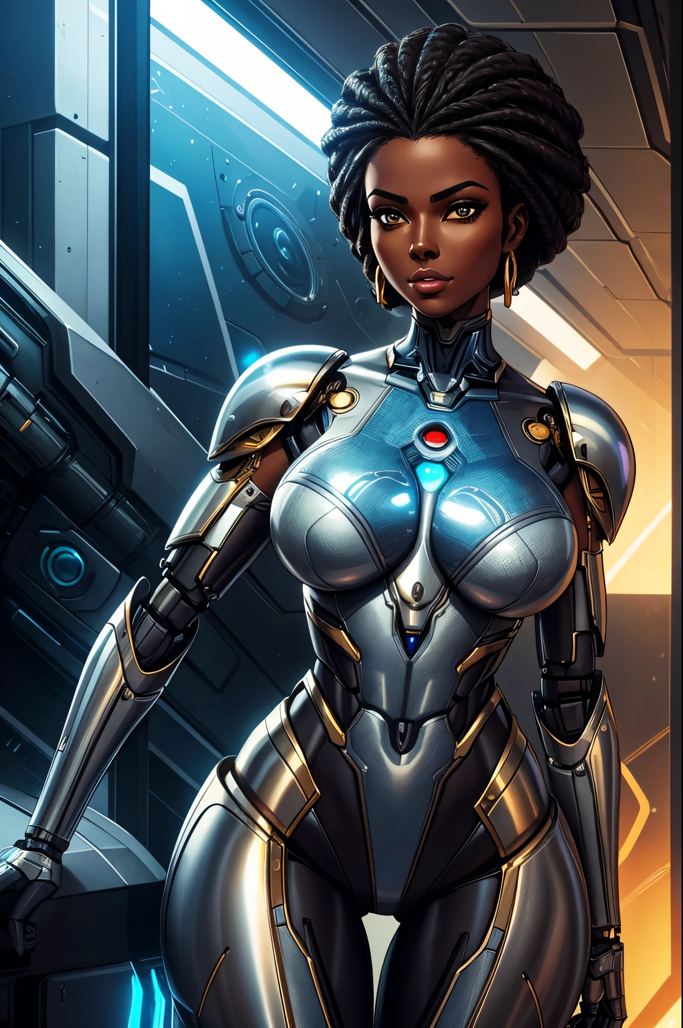 /movie, realistic, (flat colour:1.4), 1female, bald, dark skin black woman dressed in an elegant gown, feminine, mid-sized breasts, covered by feminine dress, curvy, (advanced cybernetic left and right arm and hands prosthesis), (prosthetic arms and hands), high quality, high detail, realism, hyperrealism, correct anatomy, cinematic, masterpiece, y2k animation style, monochrome, gritty, atmospheric, cybernetic,