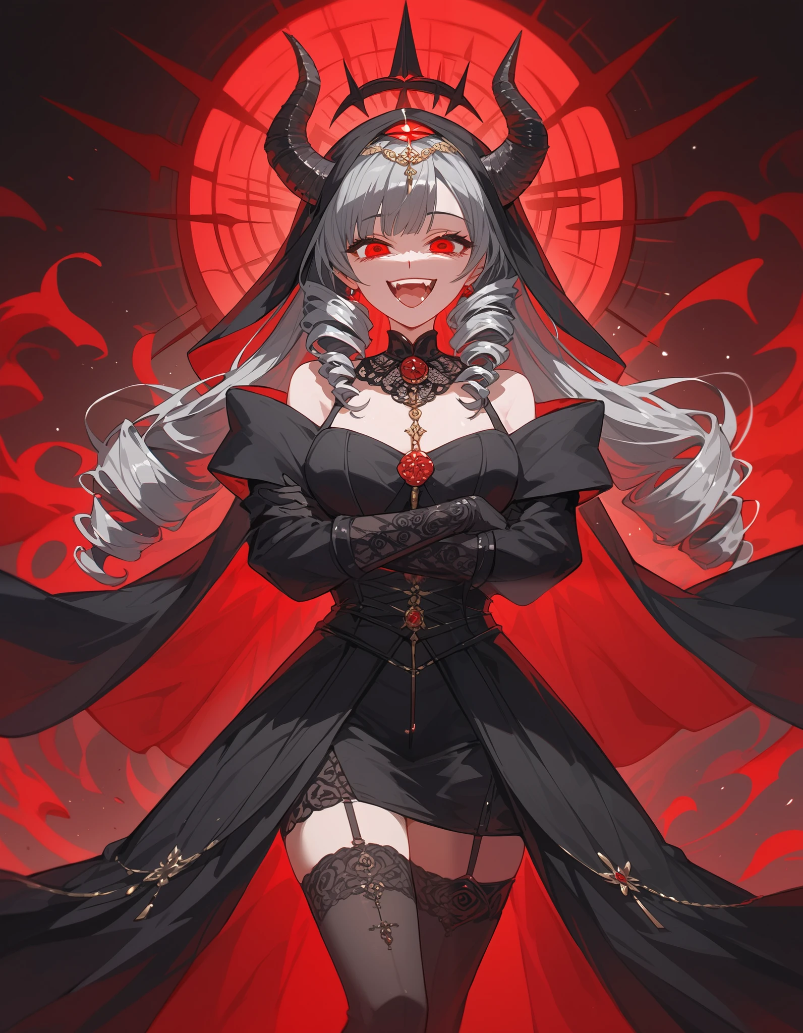 girl, in red eyes ,The devil,scary, black hair,deity, Long Sleeve Elegant Black Dress, black-horned,I tied my hair, villains, medium chest,Thin,,cute,smilingly, he's a spiral. Drill ,Multi-colored hair, black hairเยอะ, slightly gray hair,Long hair,, Black Shawl , Color veil with black fur,Long height ,milf, , Black Stockings ,Red Right Sleeve ,swain, black gloves,He Long ,, Evil Smiling,,Crossed hands,Off shoulder dress,laugh,crazy