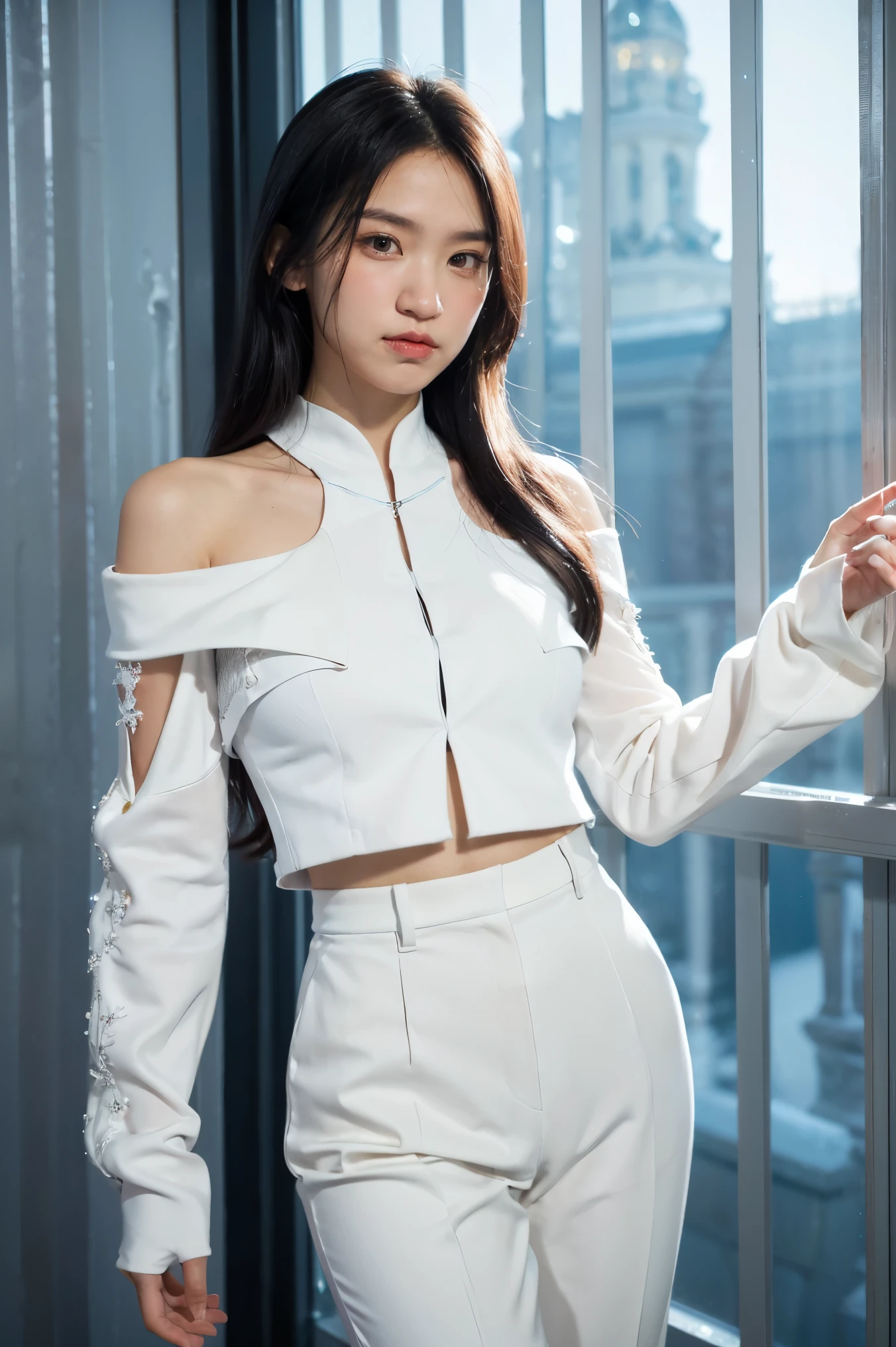 A petite and elegant woman in white suit with a calm, confident demeanor, standing approximately 5'2". She has shoulder-length black hair that flows gently around her face, almond-shaped eyes, and a soft, radiant complexion. She wears a sleek combat outfit ((white suit and trousers)), featuring icy blue and white tones that reflect her mastery of ice magic. Frost patterns adorn her sleeves and boots,Summoning sharp icicles in mid-air with her hands glowing in a frosty aura.