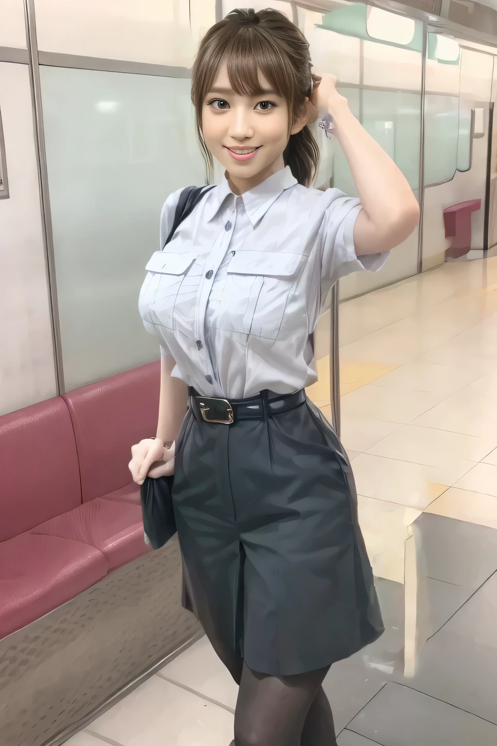 (Masterpiece:1.2, best quality :1.2), 32kHDR, high resolution, (Alone、 1 girl)、(Rooftop of a building during the day、 professional lighting)、Building rooftop background、( Tokyo Subway Woman Crew Uniform Real Style Woman 6)、(TOKYO SUBWAY WOMAN CREW UNIFORM BLOUSE SHORT SLEEVE 、 above knee culotte skirt、Waist belt)、 black pantyhose holding a puppy、 dark brown hair 、( hair gathered、 hair bang)、 dark brown hair 、Long Hit、 big breast、Thin legs、(( amazing hands:2.0)),((harmonious body proportions:1.5)),((Normal limbs:2.0)),((Usually refers to:2.0)),(( Delicate Eyes:2.0)),((Normal eyes:2.0)))、(Beautiful standing figure showing the Tokyo Subway Woman Crew Uniform) 、Hands crossed underneath 、Shy smile