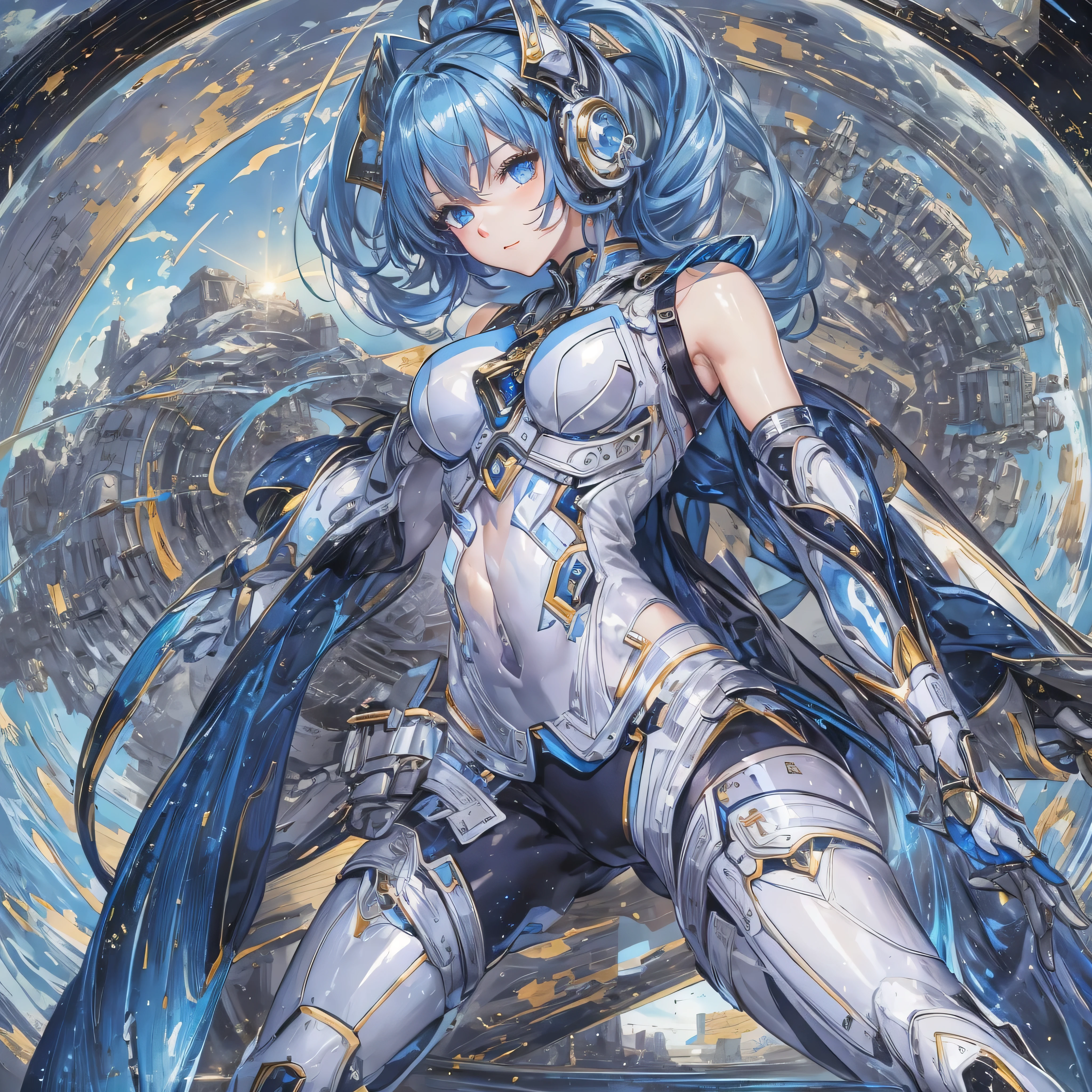 (masterpiece、Highest quality、Highest Resolution、Clear_image、Detailed details、Angle from above): (Whole body、One 20 year old girl、Japanese Faces、Small Face、Slender、Navy blue super short bob cut hair、(Hidden small breasts:1.3)、Sparkling blue eyes、Shiny pilot suit in blue and black colors、Chest protection armor、Tight fitting clothes、Clothing that covers the whole body、Glamorous clothes、Tight Fit Pants、Hide your skin、Very delicate and beautiful、Detailed Skin、hide thighs、Hide your ass、Cute、A gentle smile、Soft expression、heroine、headset、Knee-high boots、Elbow-length gloves、Eye Level Shot、Face directly、Woman on a spaceship)