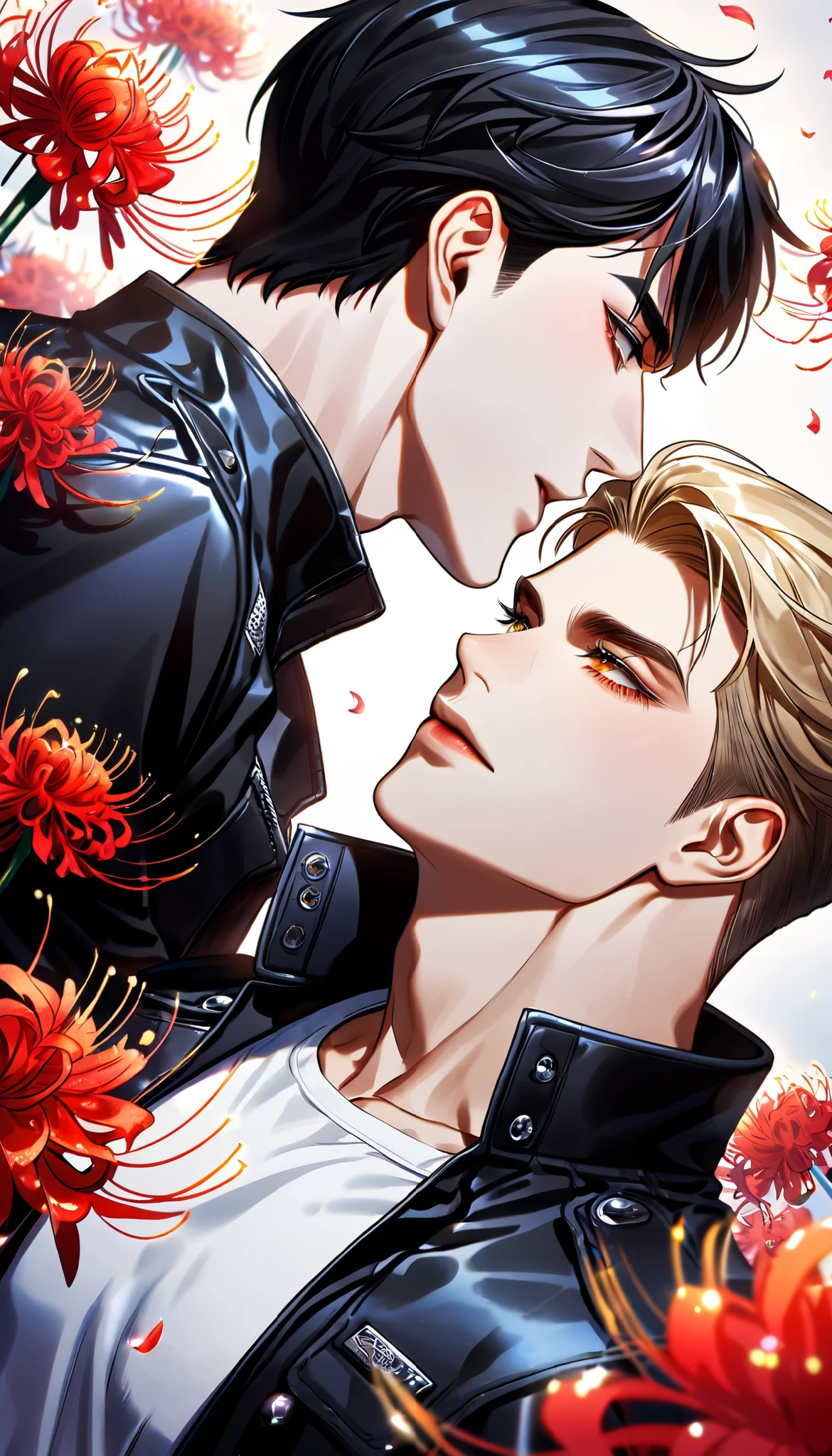 (absurdres, highres, ultra detailed, HDR) master piece, best quality, Sung Hyunjae, ash-blonde hair, expressive yellow eyes, his eyelashes are blonde, The S-Classes That I Raised, Han Yoojin, straight black hair, expressive brown eyes, two sexy men together, gay couple, yaoi, handsome, black leather jacket, white shirt, magical fantasy, red butterflies, glittering, sparkling, red spider lilies, petals, radiant