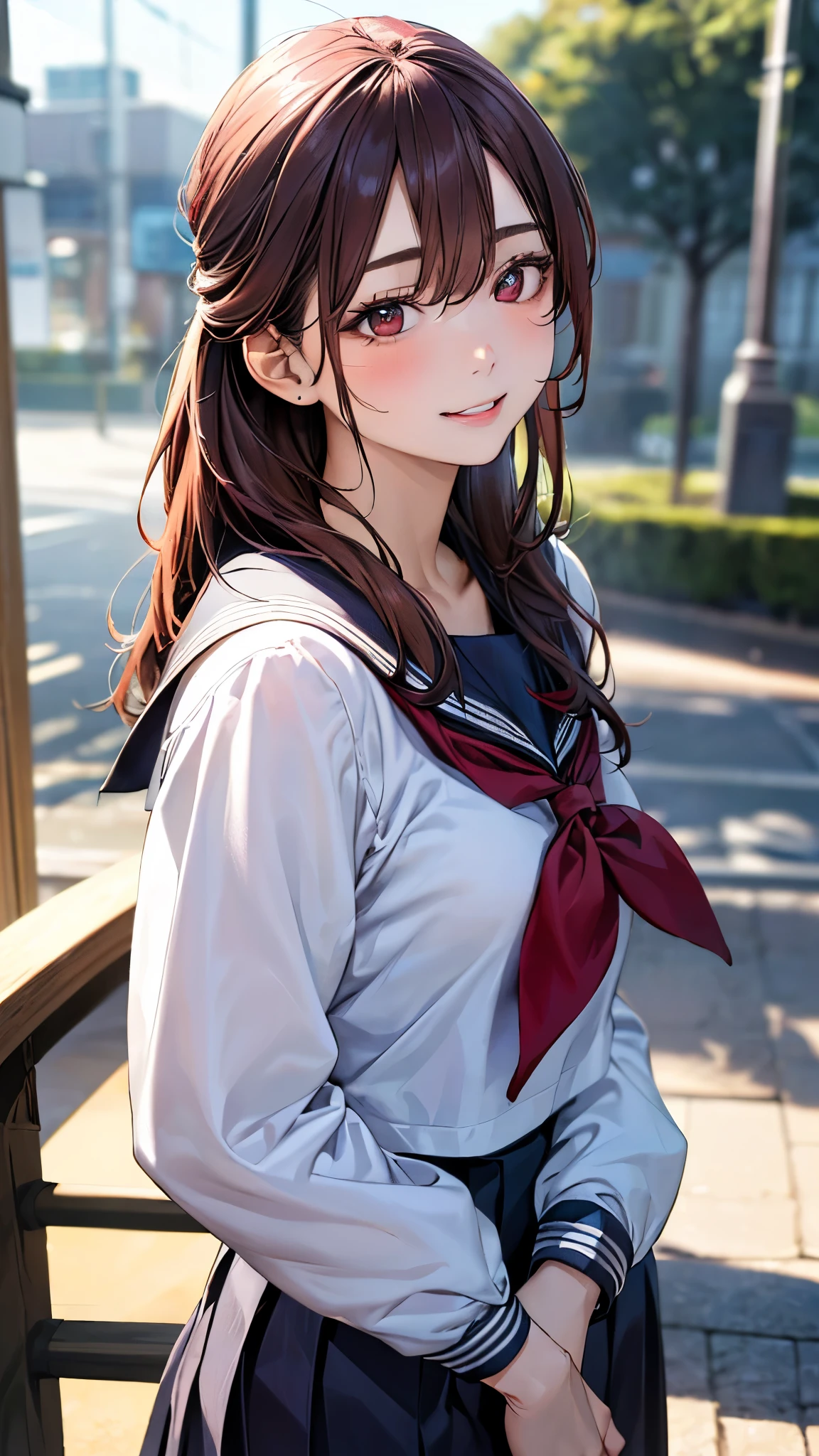 (masterpiece:1.3, top-quality, ultra high res, ultra detailed), (realistic, photorealistic:1.4), beautiful illustration, perfect lighting, natural lighting, colorful, depth of fields, 2024s, ,
beautiful detailed hair, beautiful detailed face, beautiful detailed eyes, (perfect anatomy, anatomically correct, super detailed skin), white skin, shiny skin,
looking at viewer, face focus, upper body, 1 girl girl, cute and symmetrical face, perfect face, perfect eyes, perfect body, babyface,e face:1.2, tiny,
(long hair, half updo, long sidelocks, burgundy hair), hair between eyes, brown eyes, big eyes, long eye lasher, (medium breasts, seductive thighs), slender,
(detailed cloth texture), break (red sailor scarf), break (winter clothes, long sleeves, black cute sailor suit:1.1, red lines, black sailor collar:1.1, black pleated skirt), break
(beautiful scenery), winter, evening, (schoolgate:1.4), walking, (pose with movement), (lovely smile, upper eyes, parted lips),