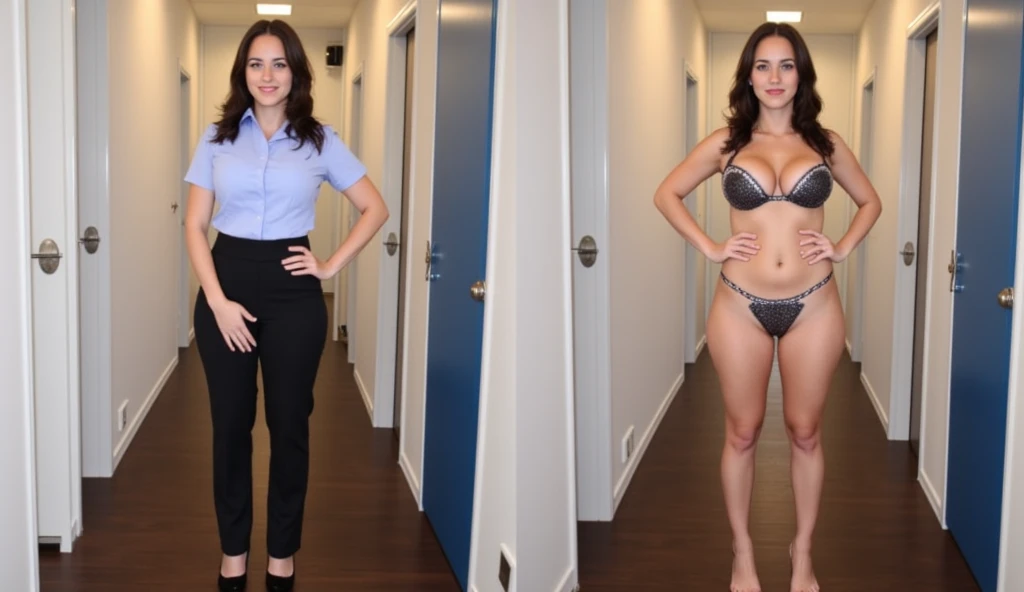 Side-by-side photos of a young european woman with big breast size
