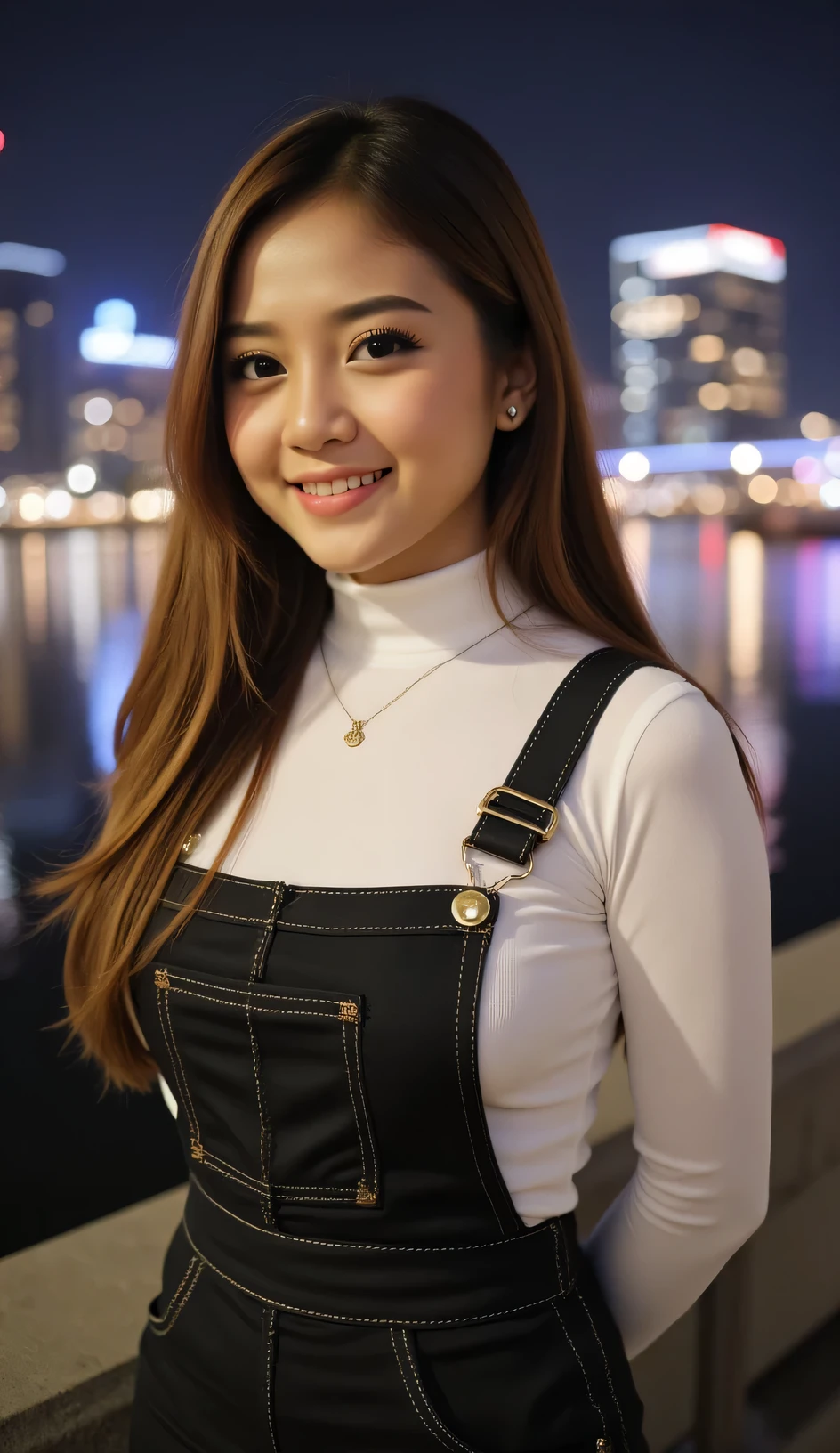 A beautiful indonesian female with long straight hairstyle,25 years old. indonesian face, highly detailed beautiful face and eyes, attractive face, charming face, Full body, chubby body, white skin, medium breasts, cleavage, anatomically correct, long straight hair, brown hair. Wearing white turtleneck, overall, necklace. Background overlooking a beautiful river and city at night. Standing on the edge of bridge, facing forward, hands behind back, look at viewer, smile showing teeth. Ultra detailed body, highly detailed appearance, hyper quality image. Bokeh. Hyper resolution. Ultra high realistic image. 16k. Ultra detailed