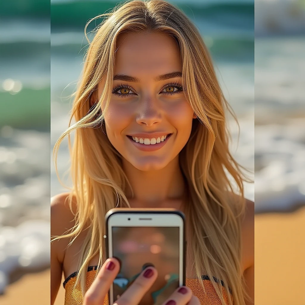 Young teen girl lying on beach sand, frontal view, spread legs wide aside, texting on phone, wearing sexy micro bikini, ultrarealistic, realistic photo, real picture, ultra quality, 4k, sharp details