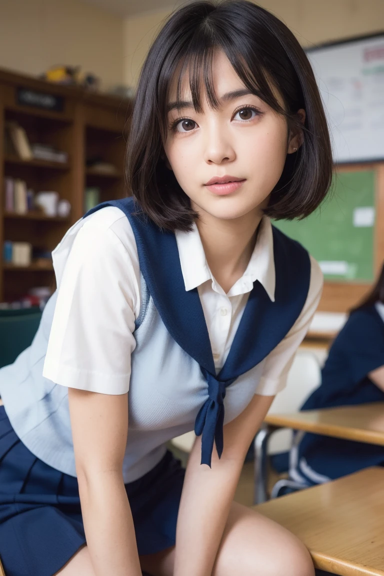 masterpiece, top-quality, FULL ANATOMY、Raw foto, Photorealsitic, faces, short-hair、beautiful a girl, cute little, shorth hair、depth of fields, hight resolution, ultra-detailliert, finely detail, ighly detailed, extremely detailed eye and face, Realistic pupils, foco nítido, Cinematicness、 sexy pose, Beautiful face, Kawai Mile:1.05),Straight hair, (Short hair), Black eyes, Clear eyebrows、white fine skin,Cowboy Shot, 1 beautiful Japanese girl, 22 years old, super model, Japanese Idol, (sitting on the desk:1.1), (School uniform:1.4), (Skirt lift:1.6), (School classroom background:1.1),