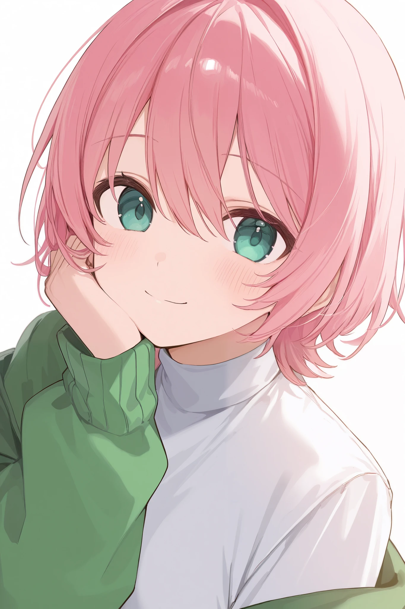 150cm46kg. pink hair and eyes. green Parker. sidetail. femboy.
