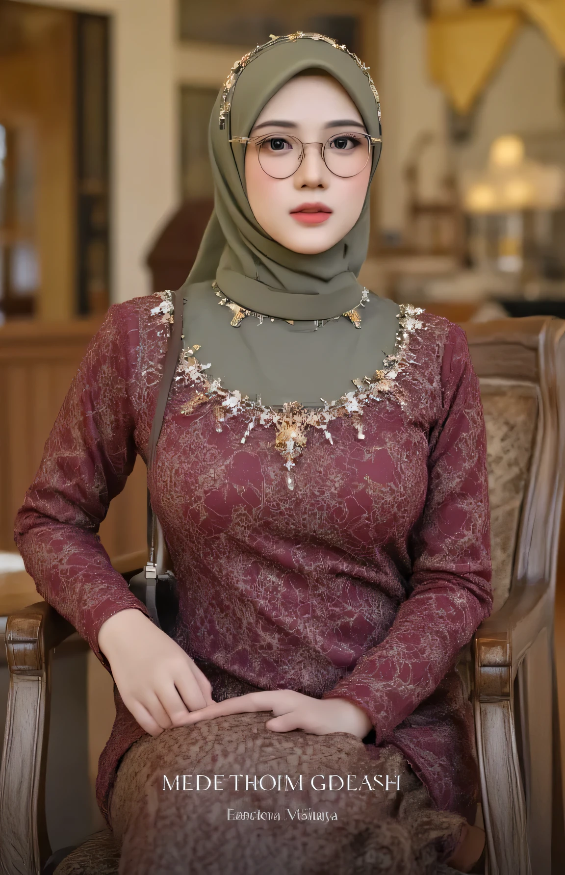 (Masterpiece: 1.2, Best Quality), Realistic, (Realistic Picture, Complex Details, Depth of Field), Best Quality, Masterpiece, Highly Detailed, Realistic, 1 adult girl, indonesian wife, 23 Years Old, , chest forward, huge breasts, thin lips, beautiful and seductive, sexy body, wearing a Muslim hijab, wearing kebaya, full body view, look at viewer, full photo, thin round circle glasess, sitting at the banquet, indonesian wedding, wedding venue background, indonesian