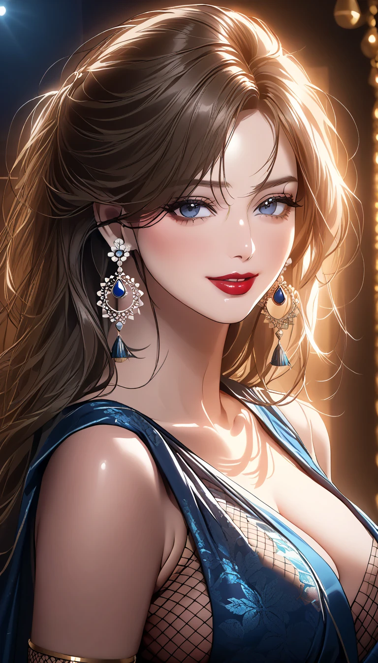 A beautiful young woman, 1girl, hourglass figure, seductive pose, printed design kurta and pajma, silky blunt blonde hair, heavy silver jhumka earrings, necklace ,cleavage, detailed face with stunning eyes, full lips, flawless makeup, dark cinematic lighting, dramatic photorealistic effect, masterpiece-level 8K rendering, ultra-detailed, realistic, photo-realistic, HDR, UHD, studio lighting, ultra-fine painting, sharp focus, physically-based rendering, extreme detail description, professional, vivid colors, bokeh