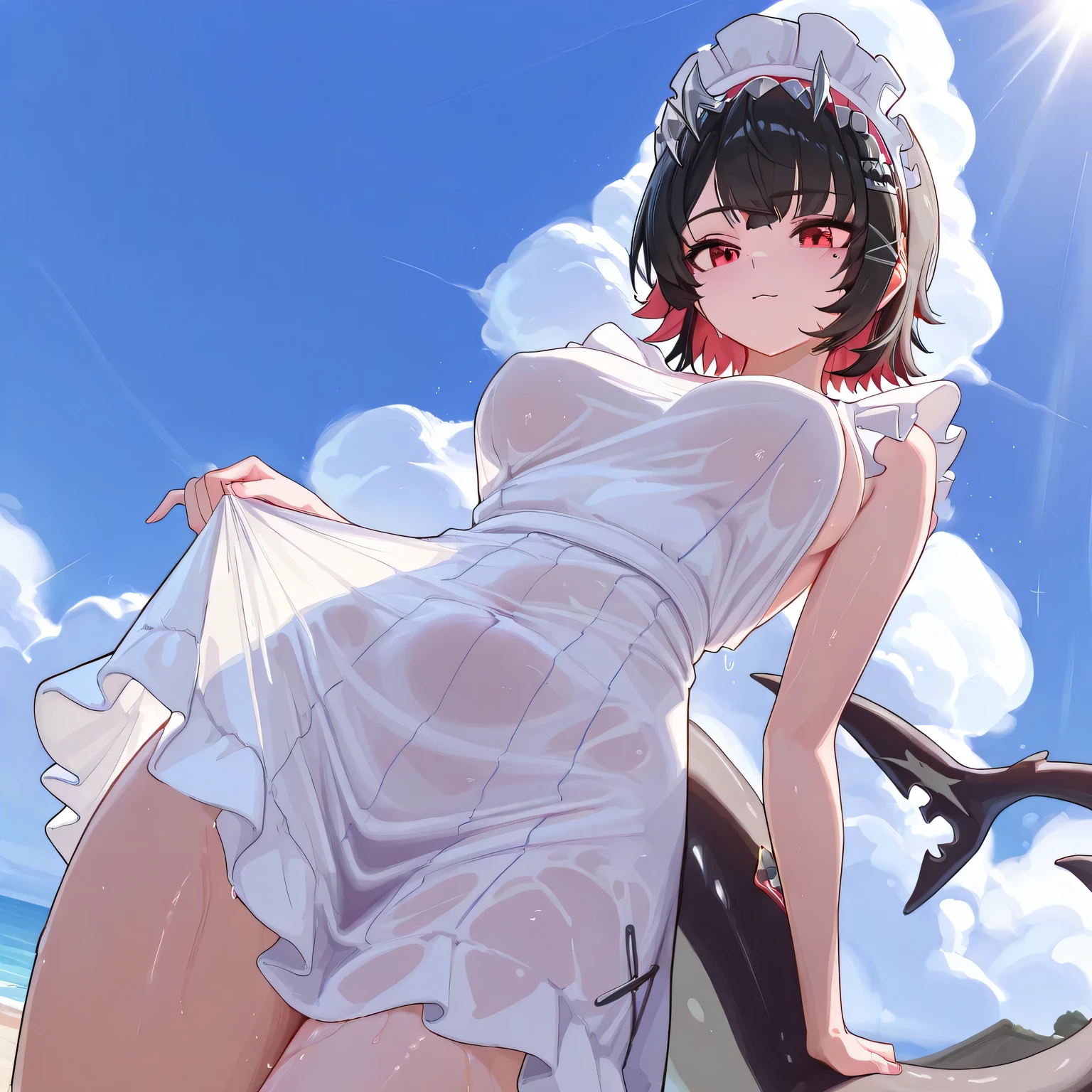 ((best quality)) ((best quality), ((masterpiece)) (detailed), perfect face, Ellen Joe, con, 1 girl, alone, bare belly, not too big, medium-sized breasts visible from below, cheerful and suggestive A thin wet summer dress that is visible, naked, showing her whole body, the dress reaches below the waist, her body lines are slightly visible through the dress, magnificent body lines, magnificent sunlight filtering through, beach side, magnificent sea, magnificent fluffy clouds. +18 years old