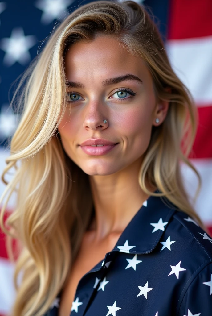 c-span still, of (gorgeous female POTUS, wrapped in the American flag), perfect face, seductive eyes, detailed skin, full body