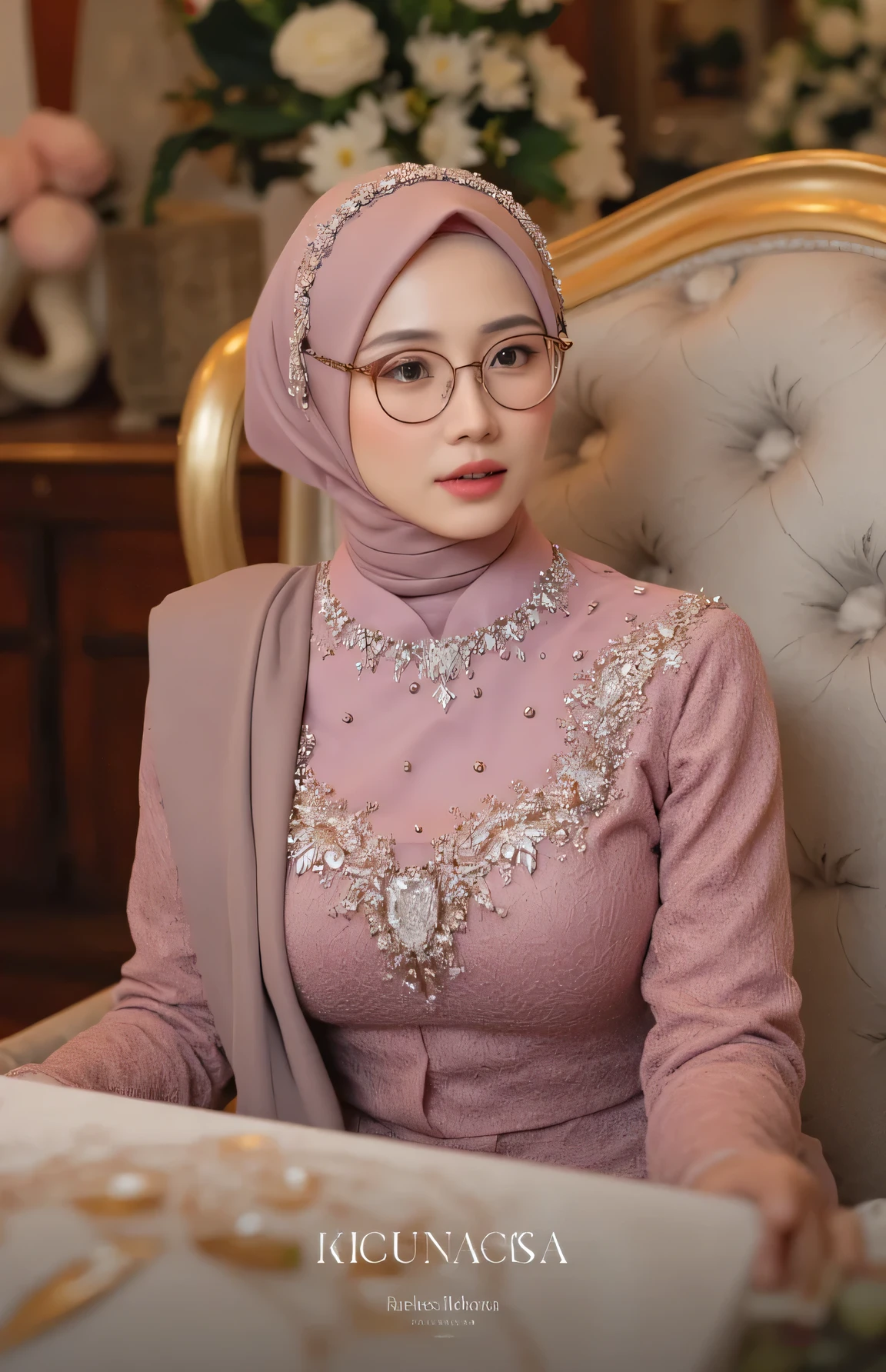 (Masterpiece: 1.2, Best Quality), Realistic, (Realistic Picture, Complex Details, Depth of Field), Best Quality, Masterpiece, Highly Detailed, Realistic, 1 adult girl, indonesian wife, 23 Years Old, , chest forward, huge breasts, thin lips, beautiful and seductive, sexy body, wearing a Muslim hijab, wearing kebaya, full body view, look at viewer, full photo, thin round circle glasess, sitting at the banquet, indonesian wedding, wedding venue background, indonesian, (no watermark)
