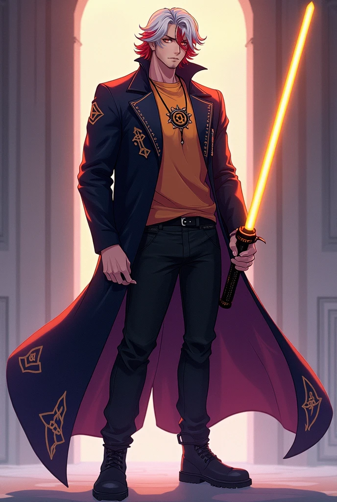(anime), ( mature young man ) Of muscular stature , (Stubble) , about 1,80 m, weight of 90 kg, fair skin , ( deep eyes ) with warm colors , having heterochromia (roses and oranges), medium length wavy hair , its color is slightly (( White , with red tips)) . She wears a type of long coat with many embroidered symbols ., It is made with a fabric that changes color fluidly , going from black to dark purple , Also wearing a sweatshirt , por baixo de uma camisa with warm colors , black pants and boots . She wears an amulet hanging around her neck made from an unknown stone , a yellow lightsaber, black in color with colorless stones .