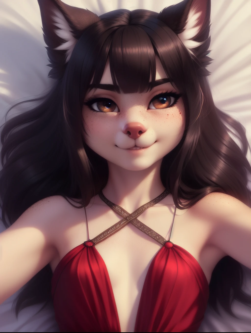(source_e621), A beautiful and detailed (sweet portrait), ((young anthro domestic dog)), Schlank, Small breasts, Hochgeladen E621, detailed flauschige fur, (von Fluff-Kevlar, Bayard Wu, personalami, Pino Daeni), 1girl, Allein, tight low cut dress, adorable, facing viewer, on bed, missionary position, 1girl, realistic, ultra sharp image, view from above, (solo), first person view, cleavage, masterpiece, lying on her back, ready and waiting, imminent sex, inviting, moving in for a kiss, (kissy face), (Kissing mouth),