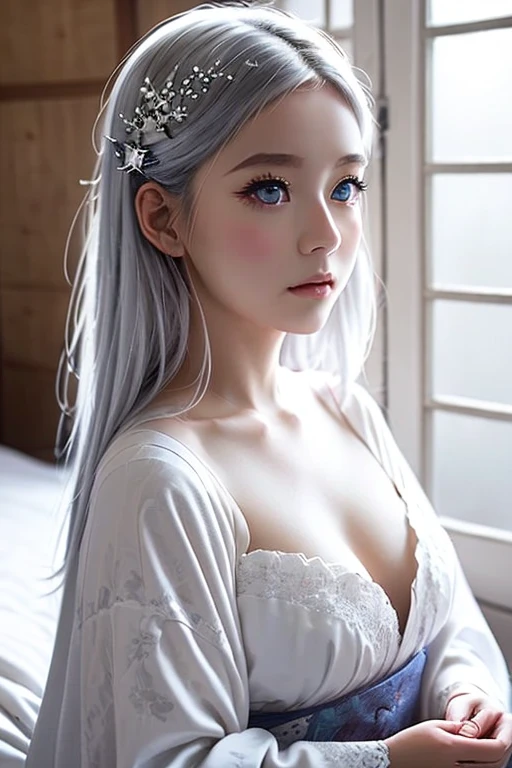 Bright expression、photography realism、best quality、Ultra-high resolution、picture、Very beautiful Nordic girl photos、Lovely and beautiful facial details、Beautiful Bangs、Alice in Wonderland、20 years old、Fair and shiny skin、露出脸部的Bangs、Bangs 、Hair between the eyes、Extra long hair、Charming Bright Natural Silver Extra Long Straight Fine Hair、Make hair smoother、Bright light blue big eyes are bright, beautiful and charming、open chest、Winter clothes、Eyeliner、Double eyelids、Large breasts